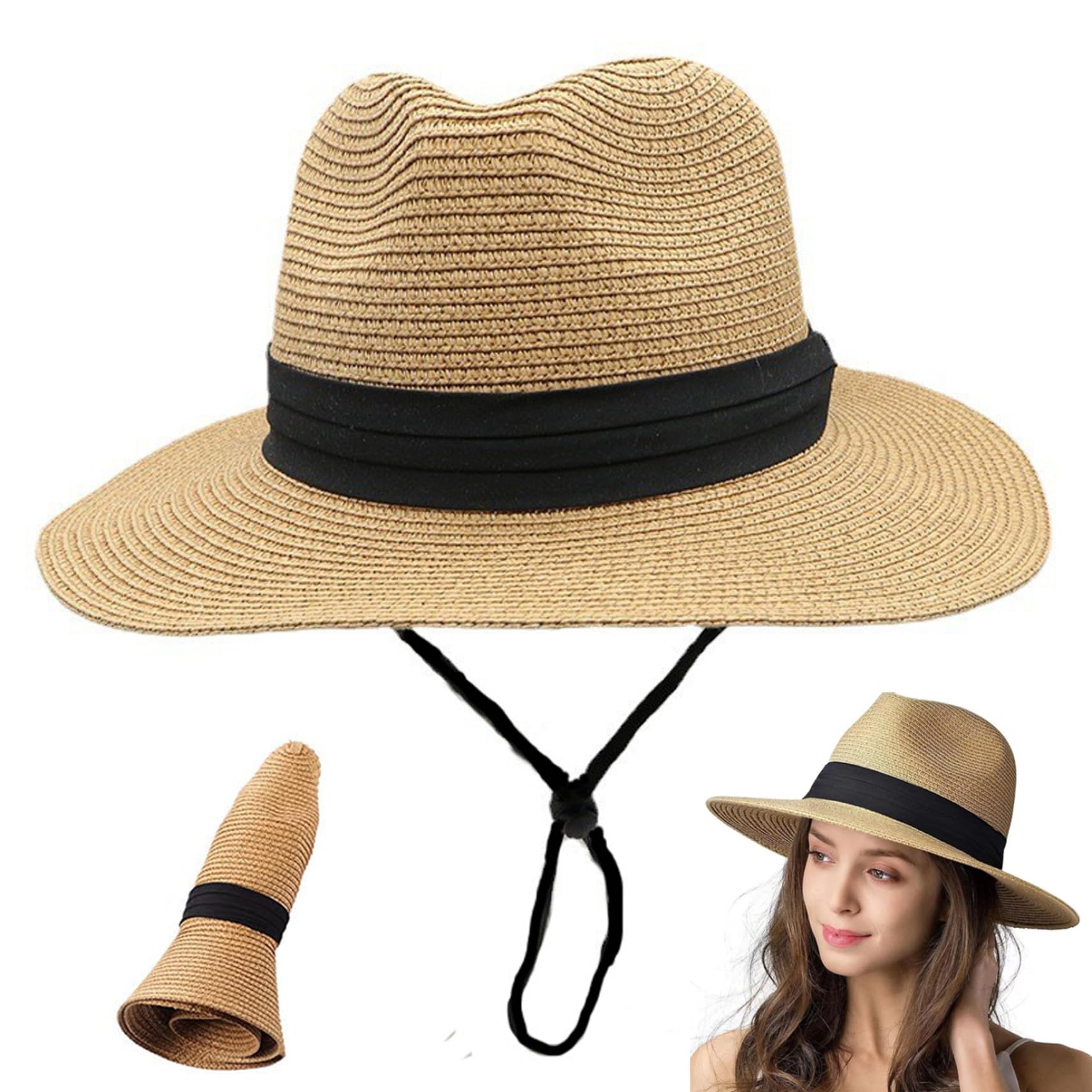 eurNhrN Sombrero de Playa UPF 50+ Ajustable de Paja para el Sol, ala Ancha, Plegable, Sombrero de Verano con Cuerda Resistente al Viento para artículos Esenciales de Viaje, Color Caqui
