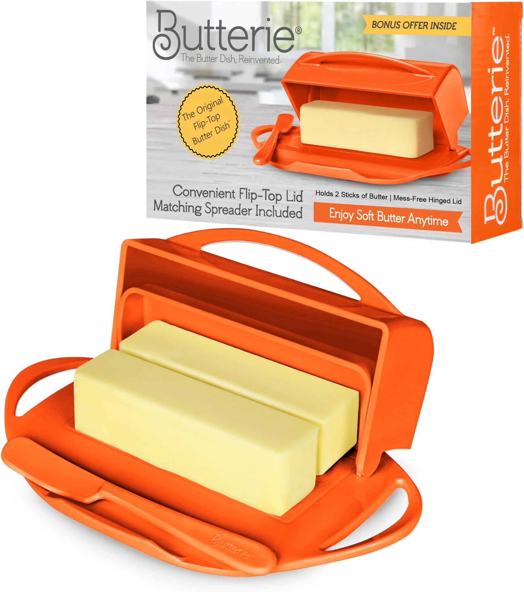 Butterie Flip Top Butter Dish with Attached Lid & Matching Knife - Holds 2 Sticks, Fits Kerrygold/European Butter - BPA Free & Dishwasher Safe - Orange