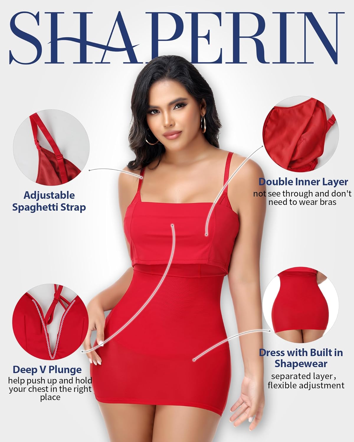 SHAPERIN Women Dress with Built in Shapewear Sexy Deep V Neck Bodycon Cocktail Party Mini Dress - Image 2