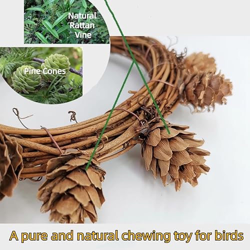 Miniatura 3 de MANON ROSA Juguetes para escalar con columpio de pájaros, soporte redondo de madera natural con decoración de cono de pino para periqueros cuáqueros