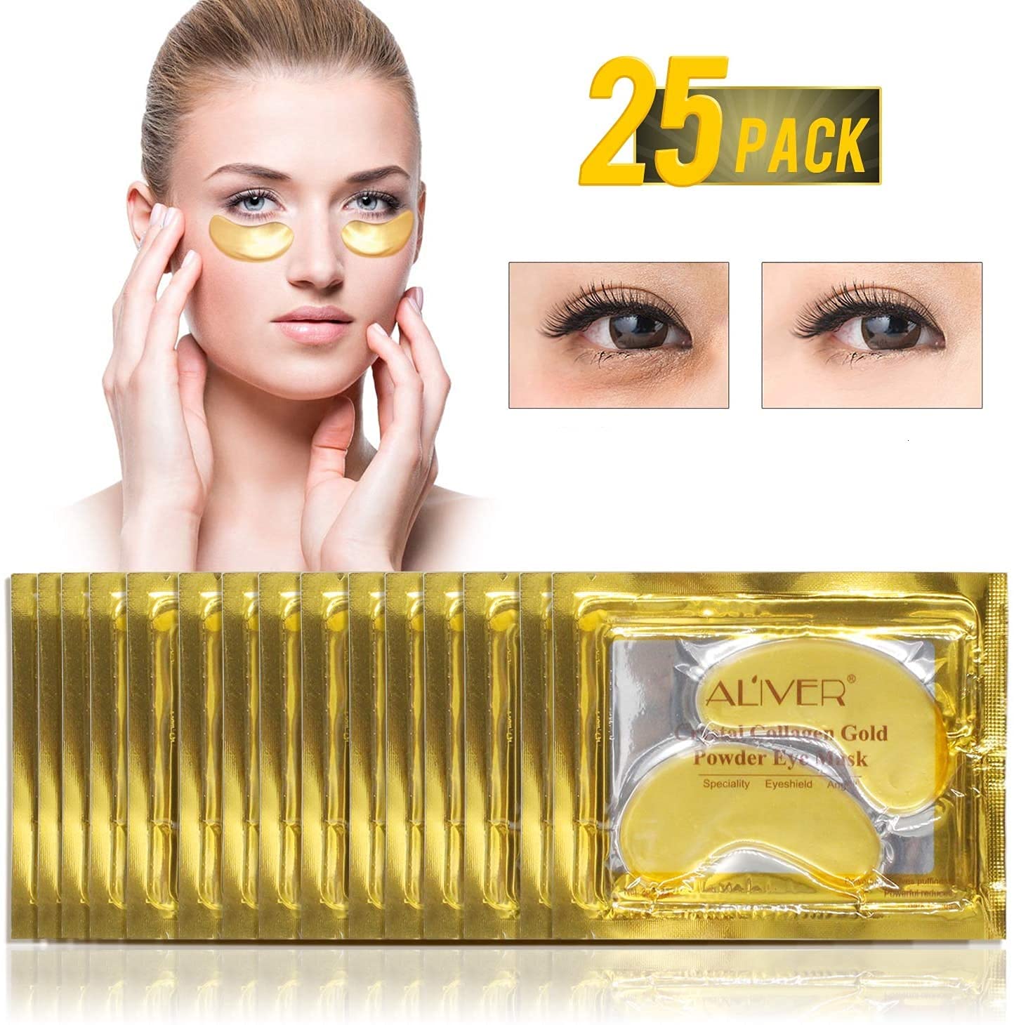 Maschera per Gli Occhi al Collagene in Gel di Cristallo Oro 24K 25 paia, Antietà e Rughe, Crema Idratante, per Rimuovere Borse Sotto Gli Occhi, Occhiaie, Occhi Gonfi
