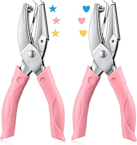 2 Pieces Handheld Hole Paper Punch Metal Single Handheld Paper Punchers Soft Handled Paper Cutter and 0.22 Inch Heart 0.2 Inch Star Shape Hole for
