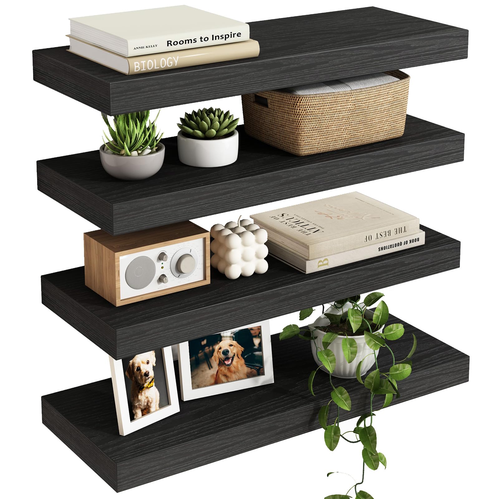Fixwal 15.8in Floating Shelves, Rustic Wood Finish Wall Shelves Set of 4, Shelves for Wall Decor, with Invisible Brackets for Bathroom, Living Room,Bedroom and Kitchen(Black)