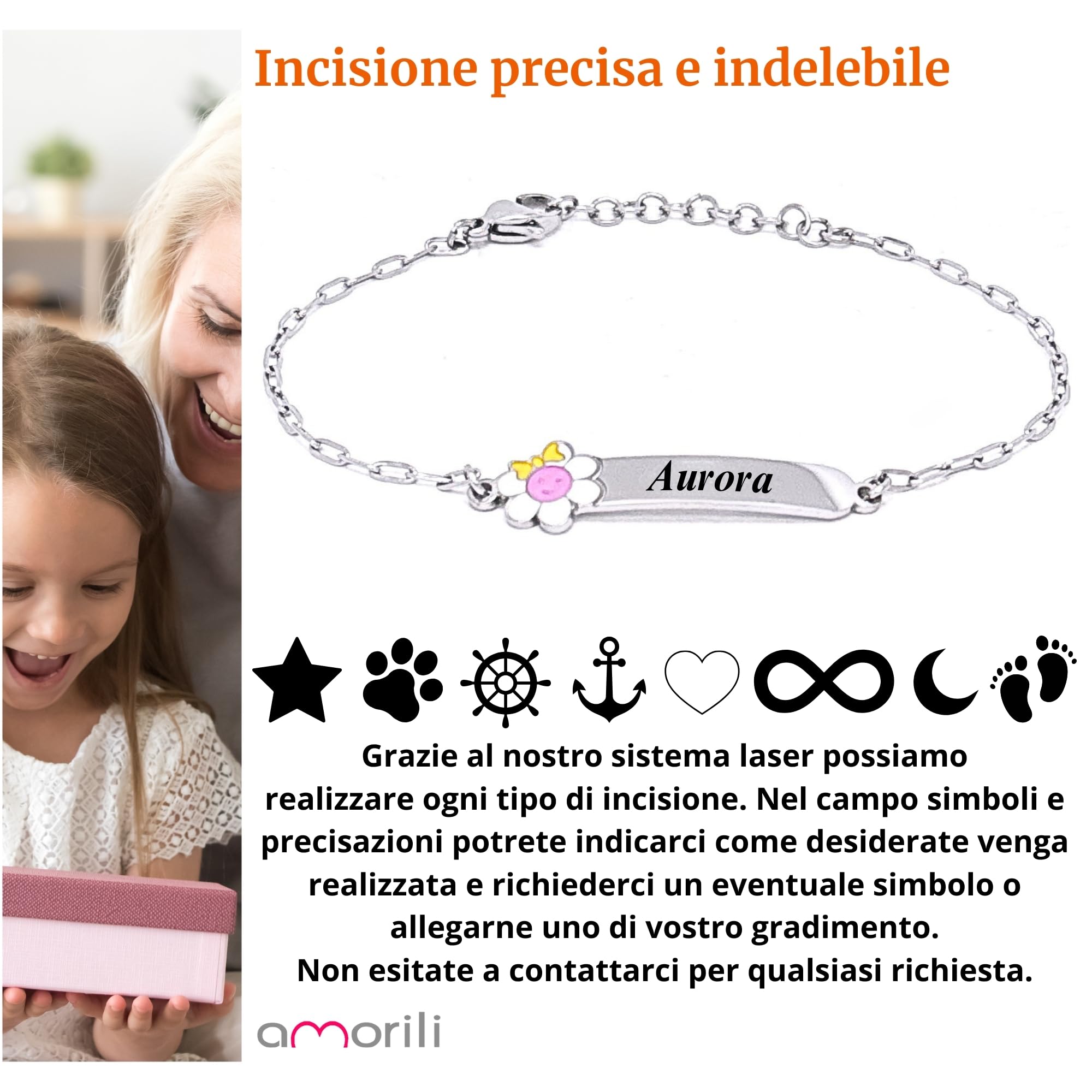 amorili Bracciale Bambina Personalizzato con Nome – Fiorellino in Acciaio Inox Anallergico – Regalo Bimba – Idea Compleanno, Nascita, Battesimo – Made in Italy by bcc3108