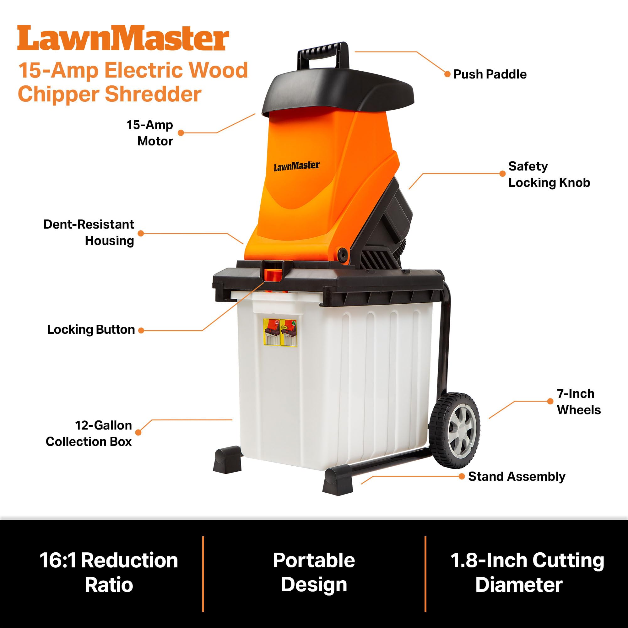LawnMaster Trituradora eléctrica de Madera de 15 amperios con contenedor de Recogida - FD1504