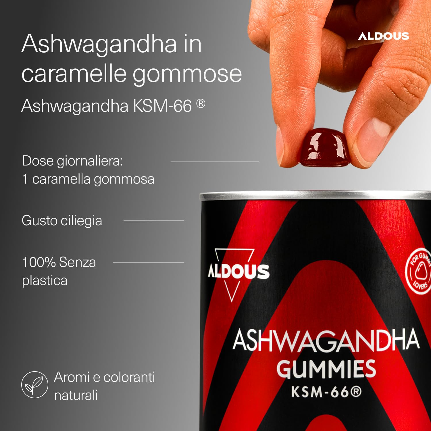 Ashwagandha Gommose - 120 Caramelle Gommose - Ashwagandha KSM-66 - Integratore Antistress, Relax - Radice Withania Somnífera - Supporto Energia e Vitalità - Vegan - ALDOUS