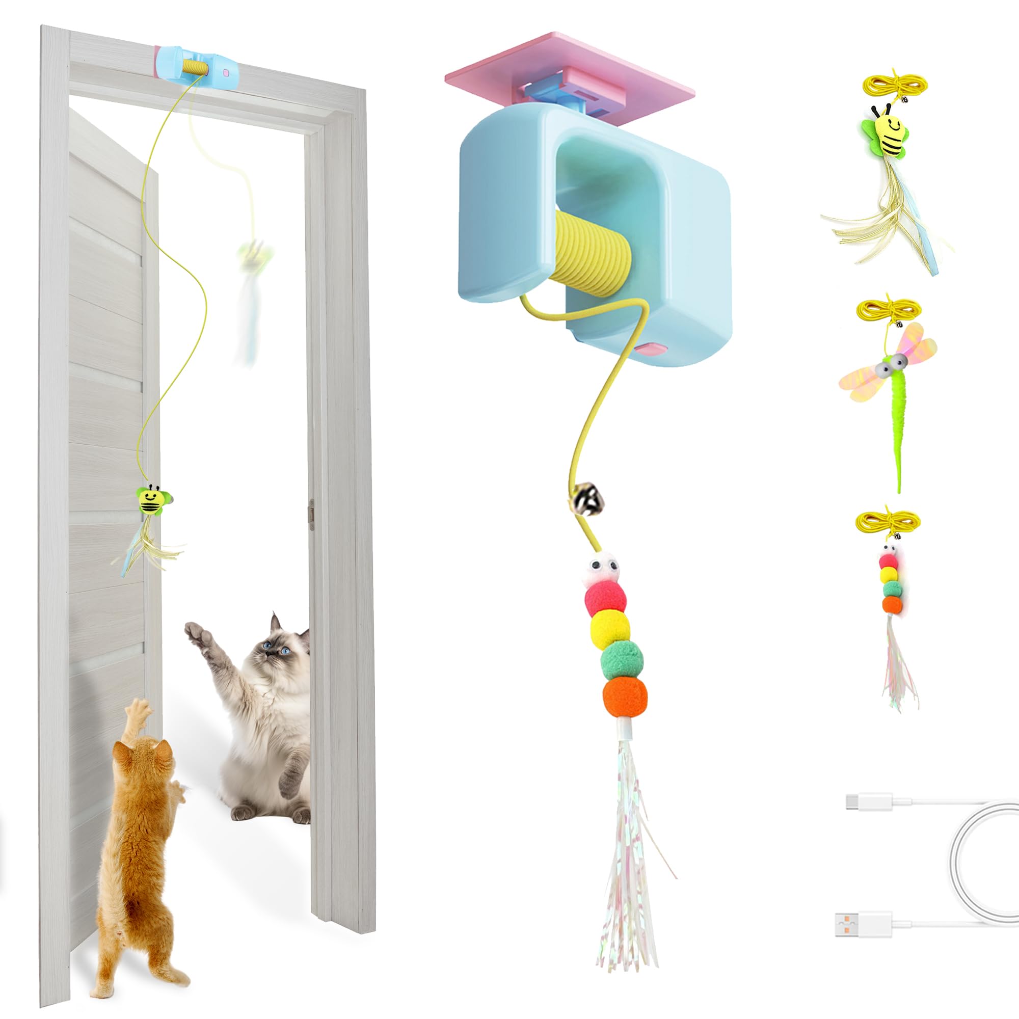 Automatic Interactive Hanging Rope Cat Toy,3 Feather Refills,Blue