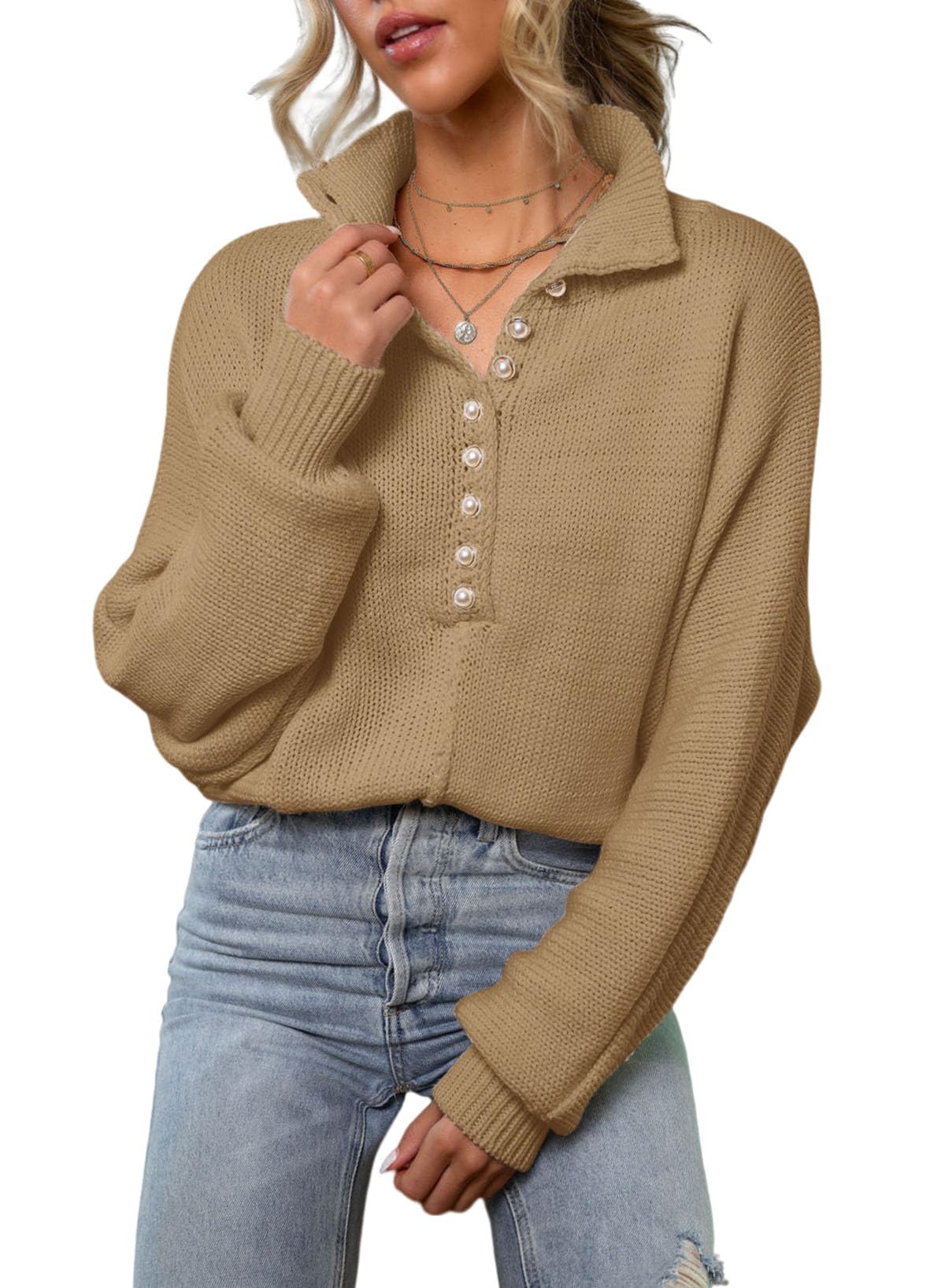 EVALESS Womens Oversized Knit Chunky Fall Sweater Tops 2023 V Neck Long Sleeve Lapel Collar Button Pullover Outfits, Khaki, Medium