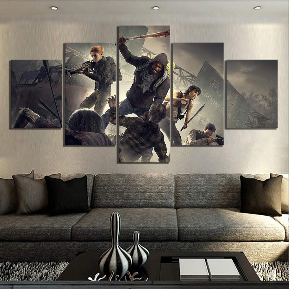 Tableau Mural 5 Panneaux Walking Dead - Toile Tendue Sur Châssis - 150x80 Cm - Décoration Salon Style Géométrique