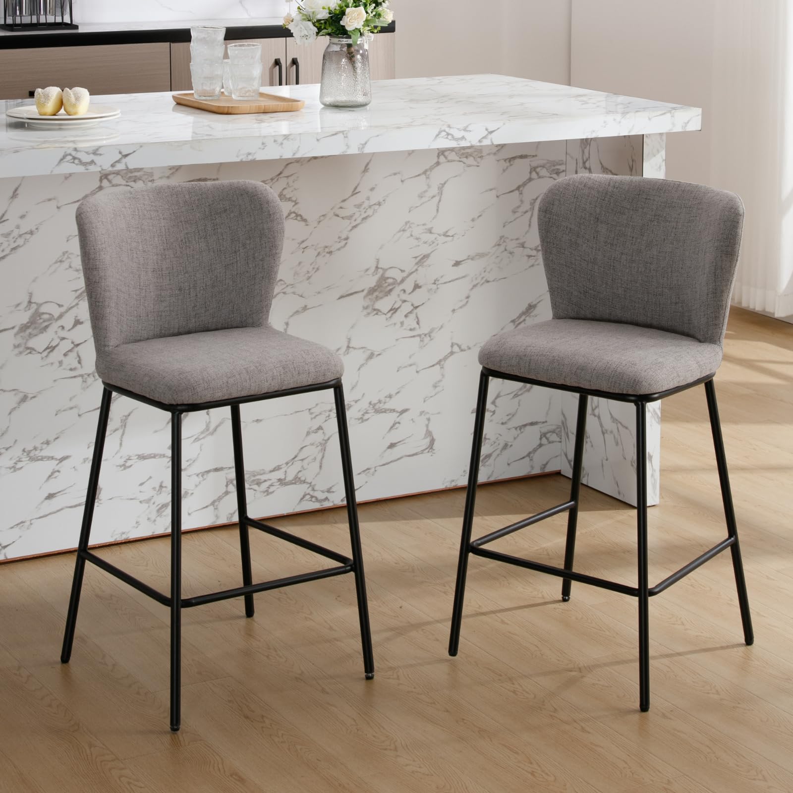 chairus Taburetes de Bar Tapizados de Lino Juego 2 de Sillas Desyuno Bar Modernas con Patas Negras, Taburetes de Mostrador Cocina con Respaldo para Hogar/Isla de Cocina, Gris