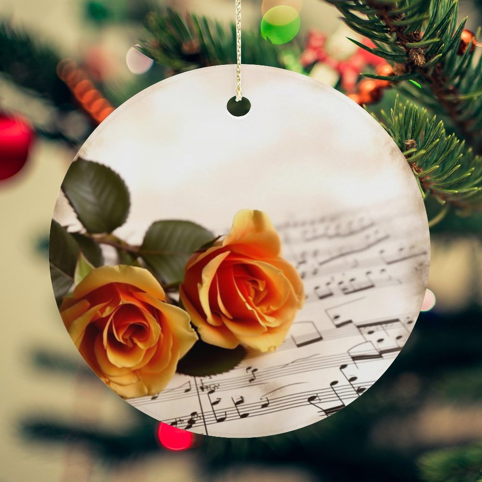 Music Roses Romantic Christmas Ornament for Christmas Tree Ceramic Round Ornament Winter Holiday Keepsake Gift 2.7" Christmas Tree Hanging Decorations Circle Ceramic Pendant Xmas Gift