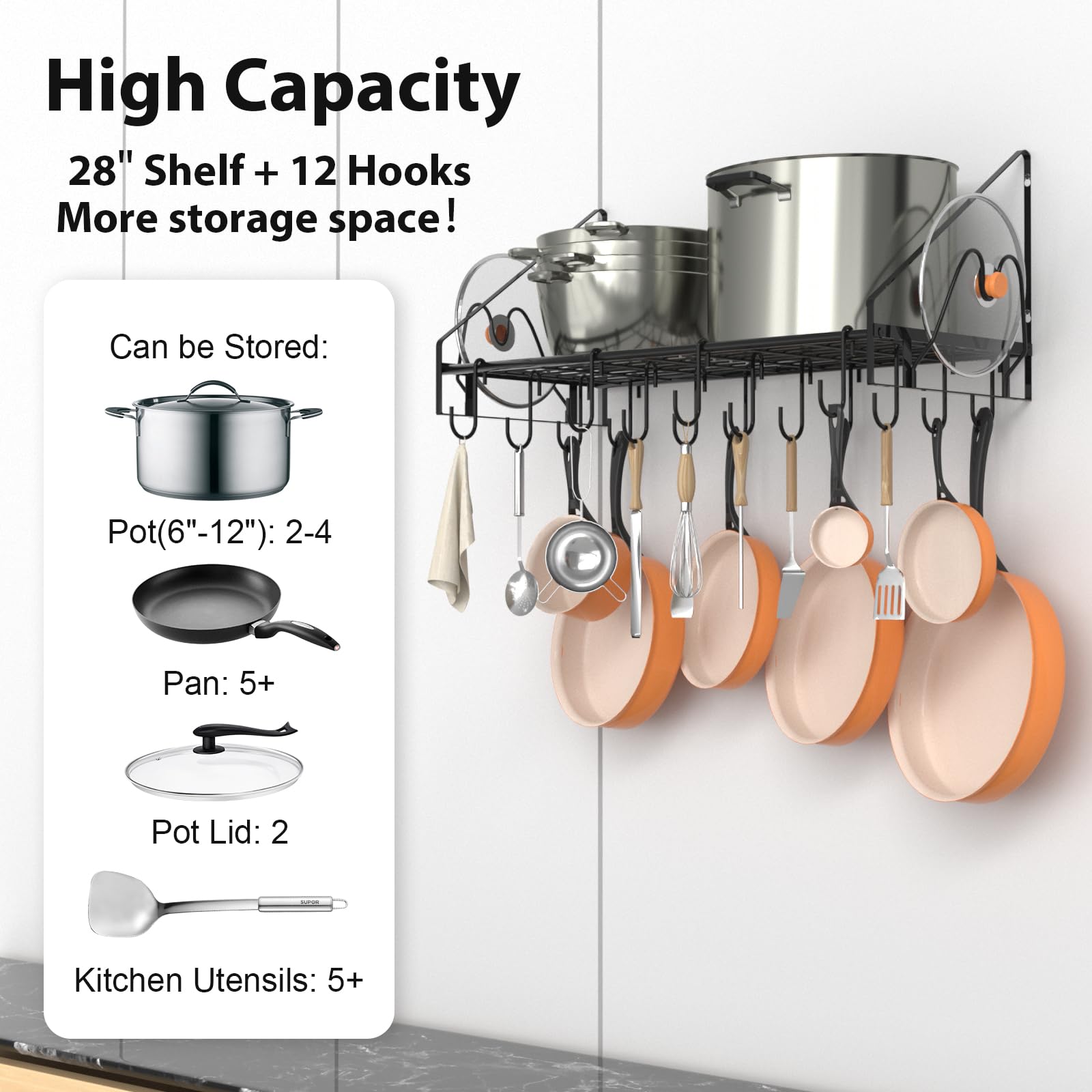 VyGrow Étagère murale à suspendre pour casseroles et poêles avec 12 crochets et 2 supports pour couvercles de casseroles, en acier robuste, pour ustensiles de cuisine, ustensiles de cuisine