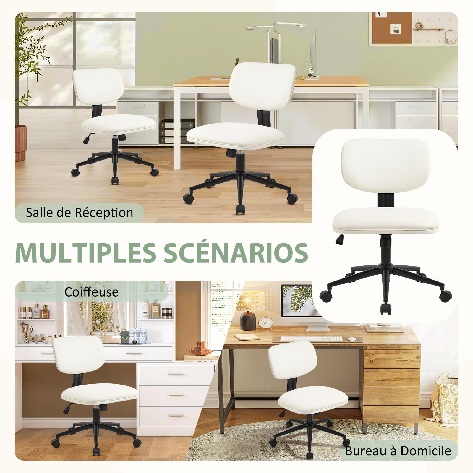 Hellove Chaise Bureau Beige Cuir, Chaise Coiffeuse Réglable en Hauteur 360° Pivotante, Fauteuil Bureau Ado Fille avec roulettes, Confortable pour Salon Chambre Bureau - Beige