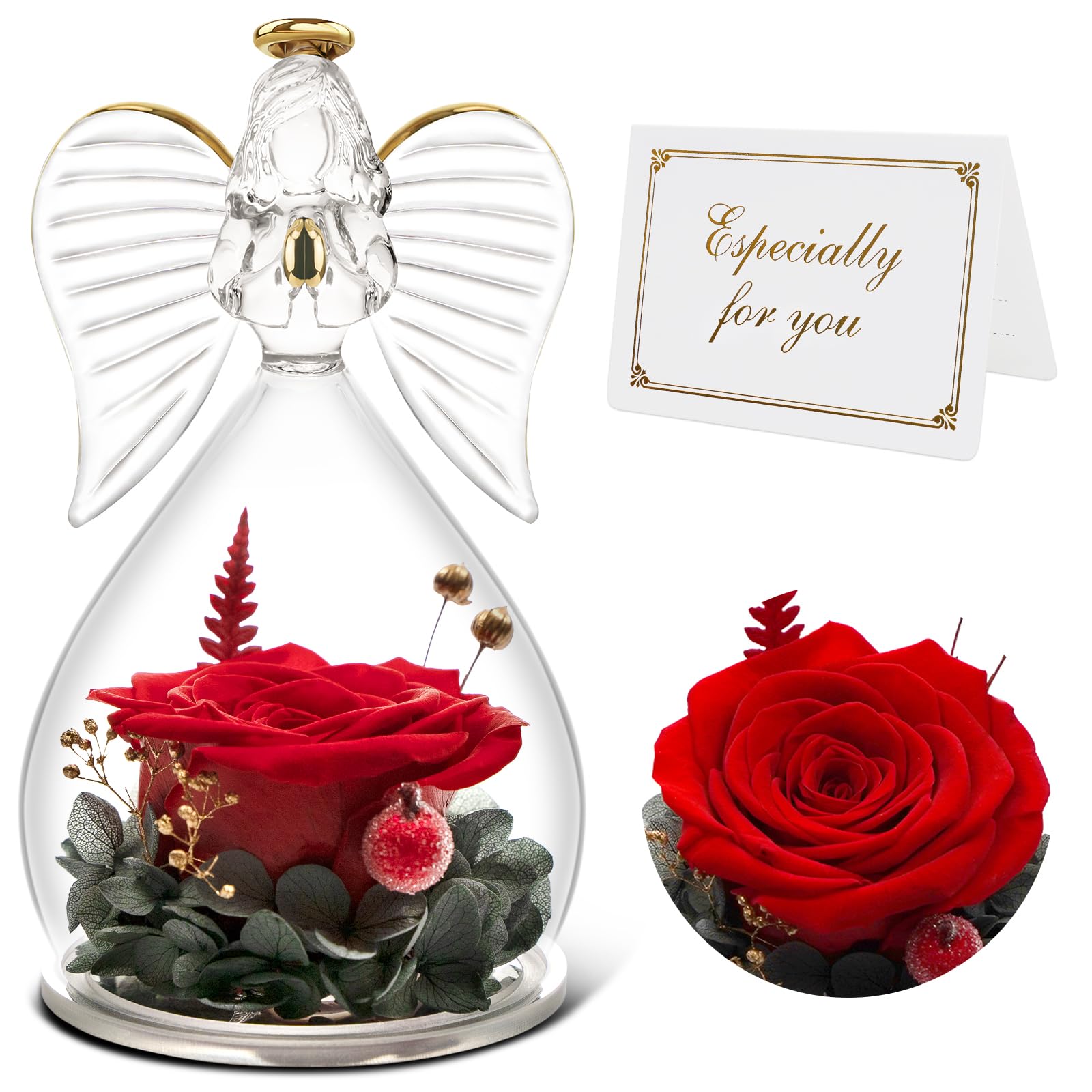 Rose éternelle avec ange en verre figurine fleur sous cloche