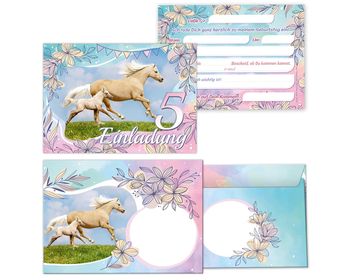 amscan 9909886 – Biglietti d'invito cavallo, 8 biglietti con buste rosa, invito, compleanno per bambini, feste a tema, carnevale