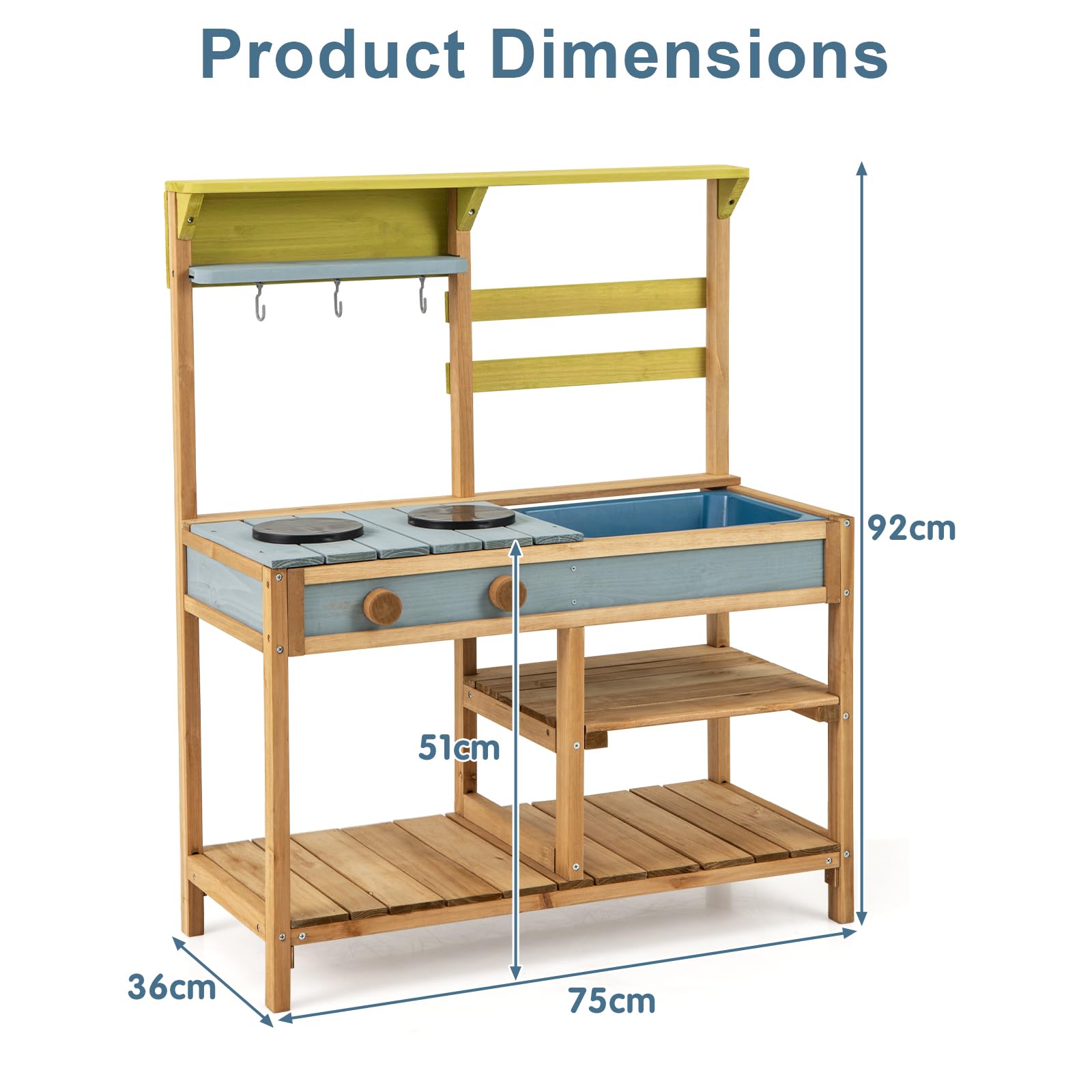 HOMASIS Cucina Giocattolo per Bambini in Legno, Cucinetta per Bambini Interattiva con 3 Ganci, 1 Lavandino e 2 Fornelli, Giocattolo Educativo per Bambini da 3+ Anni, 75 x 36 x 92 cm (Naturale)