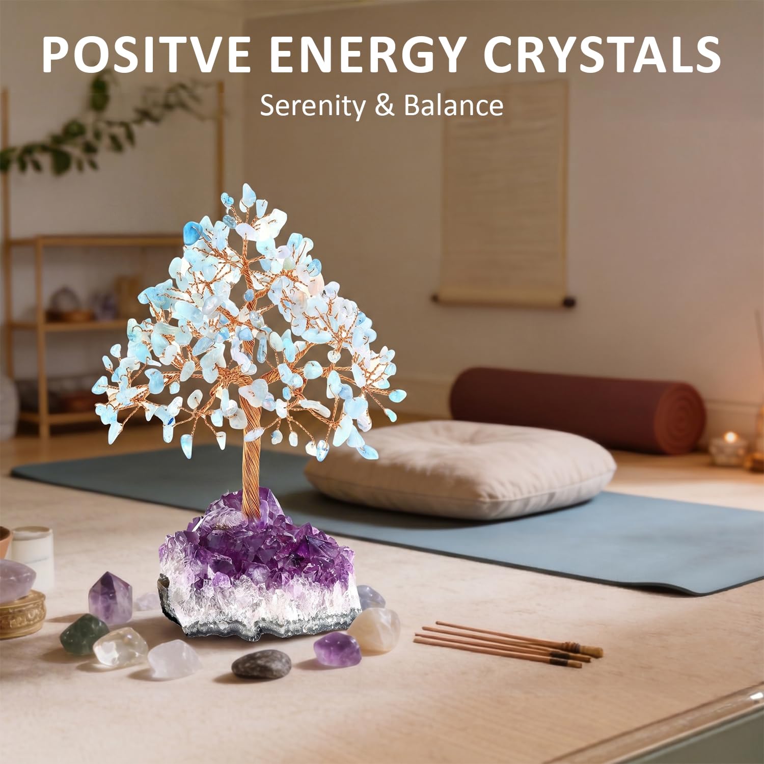 Arbre de Vie en Cristal d'Améthyste, Décoration Zen de Bureau, Art Énergétique, Accessoire Spirituel, Pierre Naturelle Violette (Aigue-Marine)