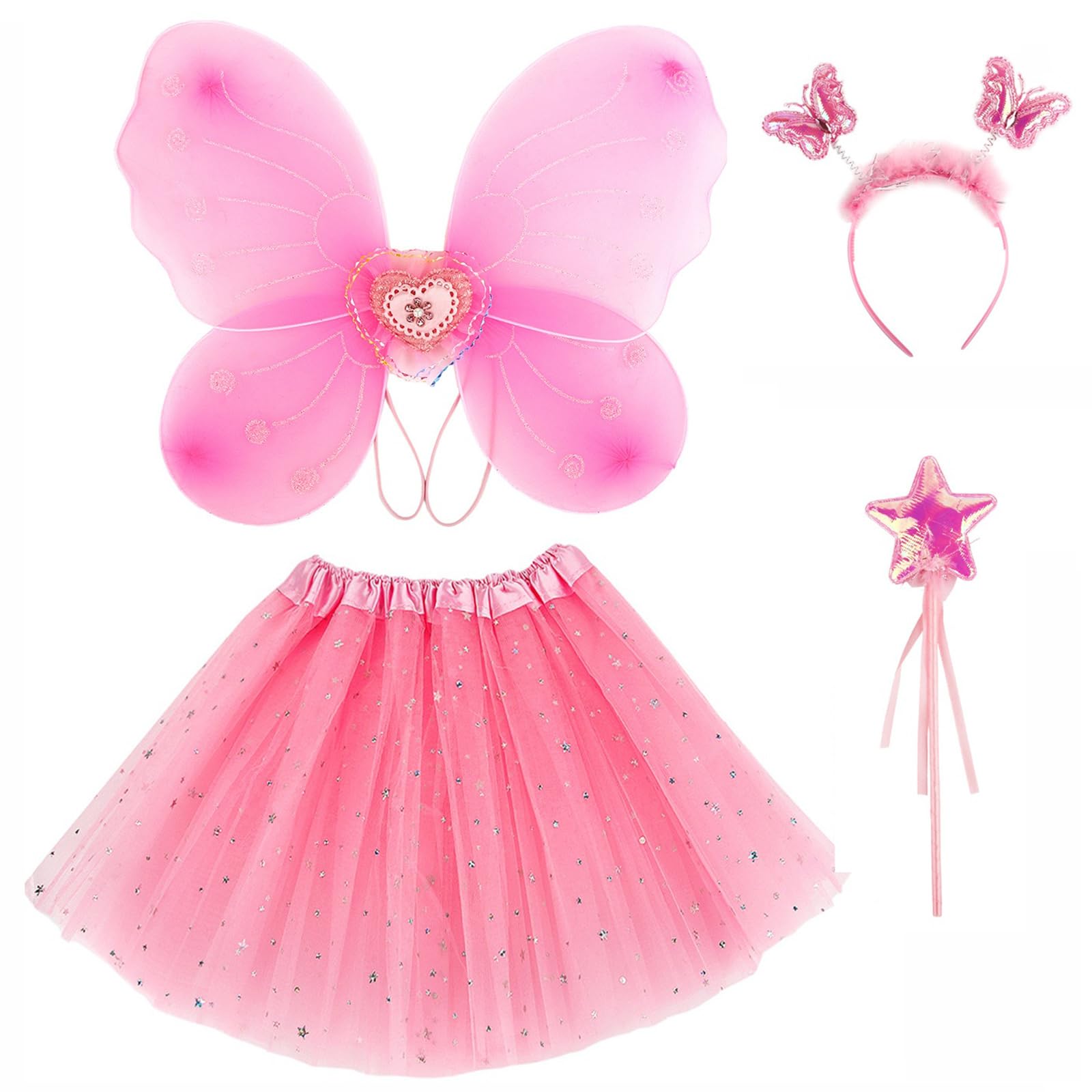 ZJstyle Kids Fancy Dress Girls Fairy Costume Set Princess Tutu Skirt Magic Butterfly Wings Up Fantasy Play with Wings, Wand, Headband & for 3-8 Years Girls, Pink#2