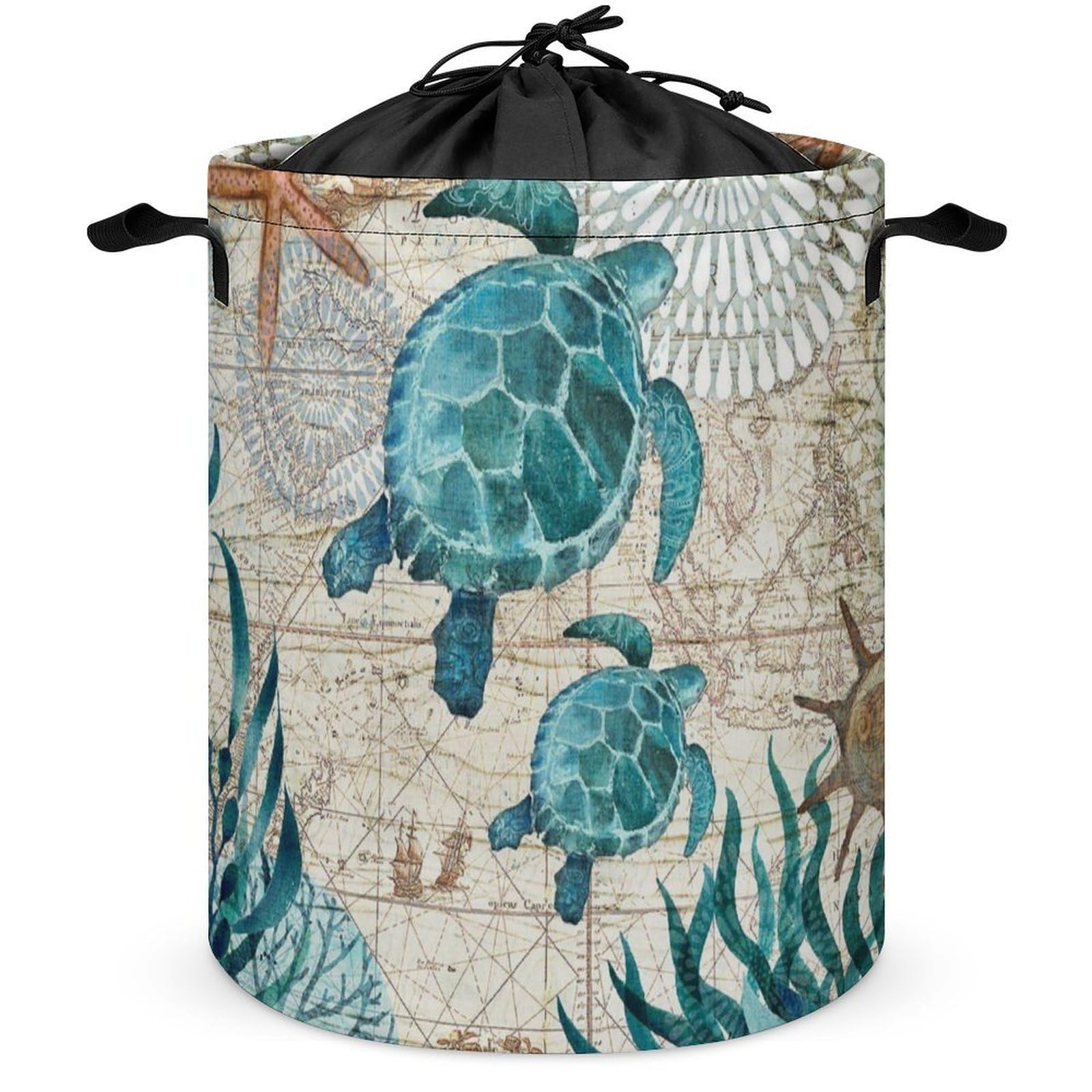 Wlntrophic Drawstring Laundry Hamper, Cool Turtle Laundry Basket, Washing Basket with Handle