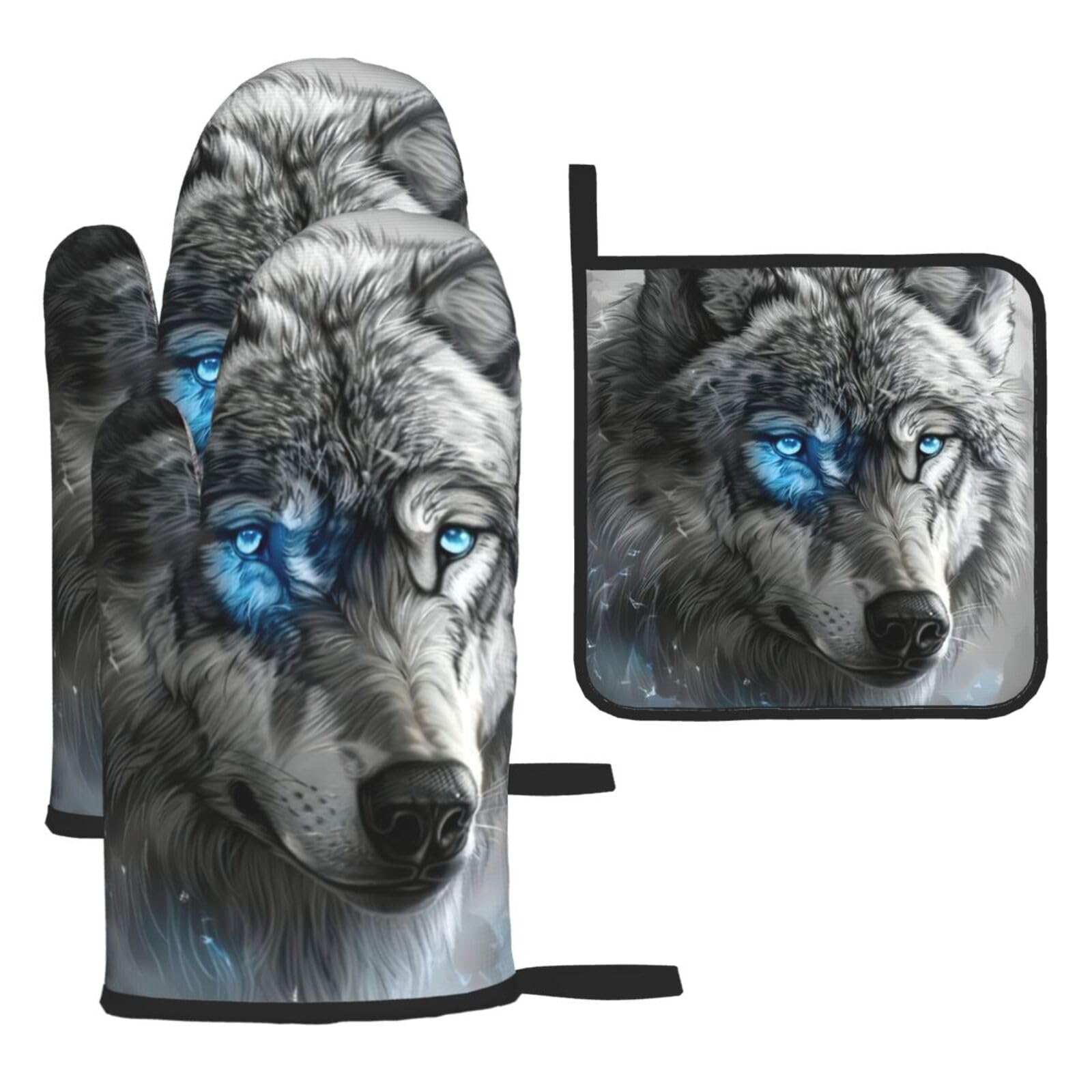 Blue Eyes Wolf Print Oven Kitchen Gloves For Baking Outdoor Grilling Home Use Mitts Microwaving Bbq