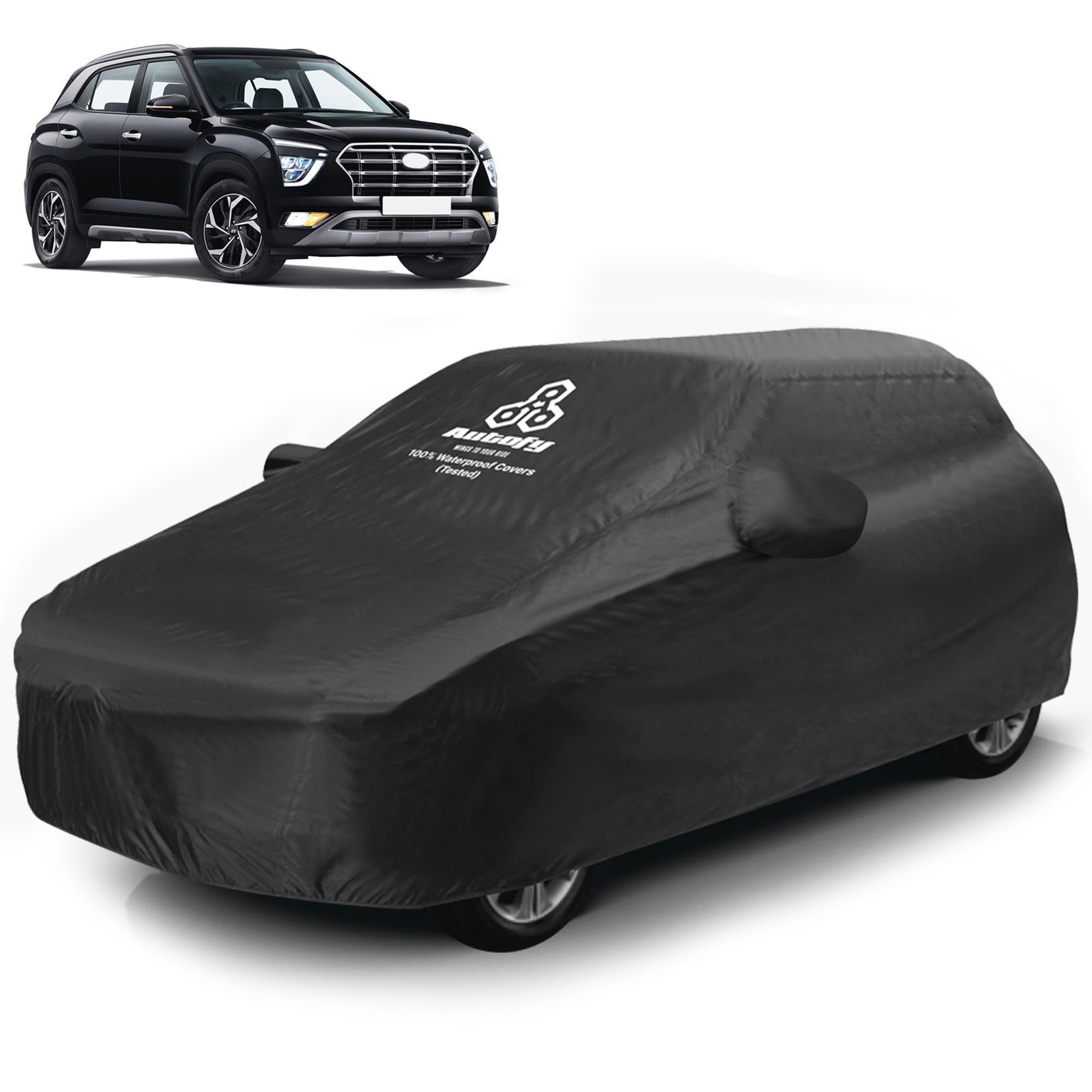 Autofy Glory 100% (Tested) Waterproof Car Cover for Hyundai Creta [Year 2020 Onwards] - Dust & UV Proof Cover with Waterproof Taping (Black)