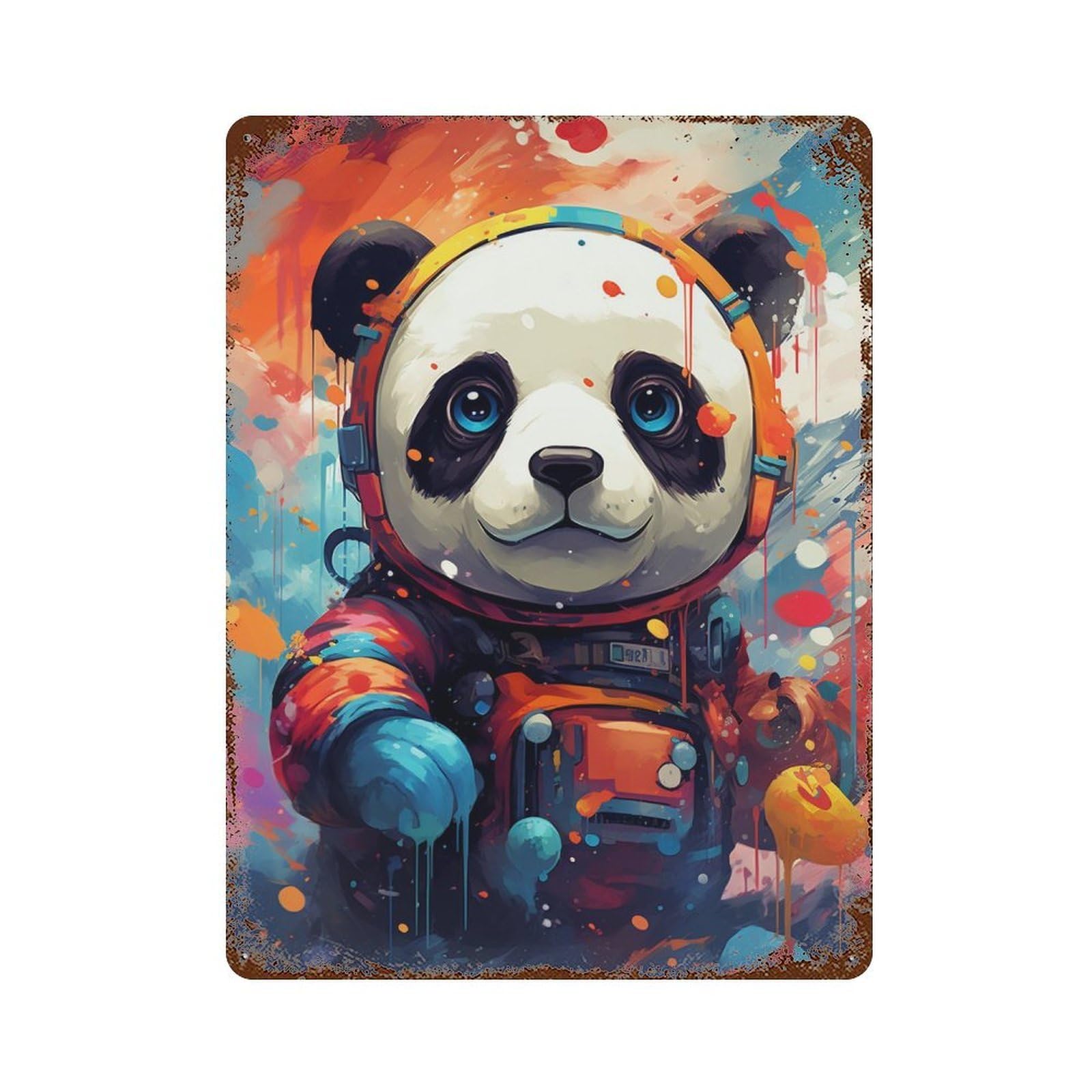 Panda Astronaut Art Print Vintage Wall Sign 15.7"x11.8", Rust Effect Metal Decor for Shed, Workshop And Garage Wall Decor