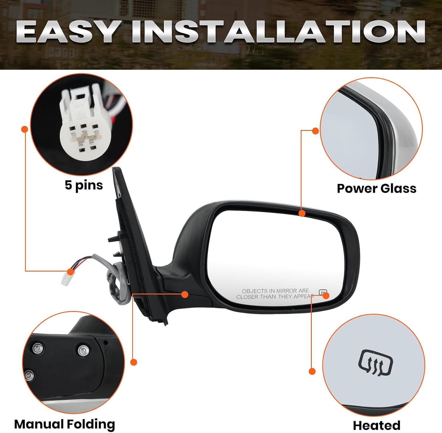 Passenger Right Silver Side Mirror Compatible with Toyota Corolla 2009-2013 with Power Glass Heated Manual Folding Door Mirror Replace #8790802B01 TO1321247 (5 Pins)