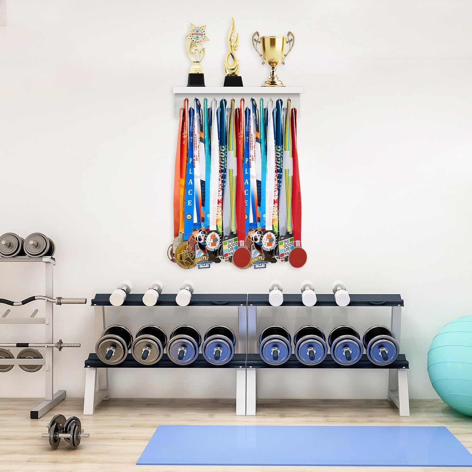 Threehoney Wooden Medal Hanger Display Trophy Holder Shelf with 25/37/49/65/83 Hooks Wall Mount Ribbon Holder Gift for Gymnastics Running Soccer Awards