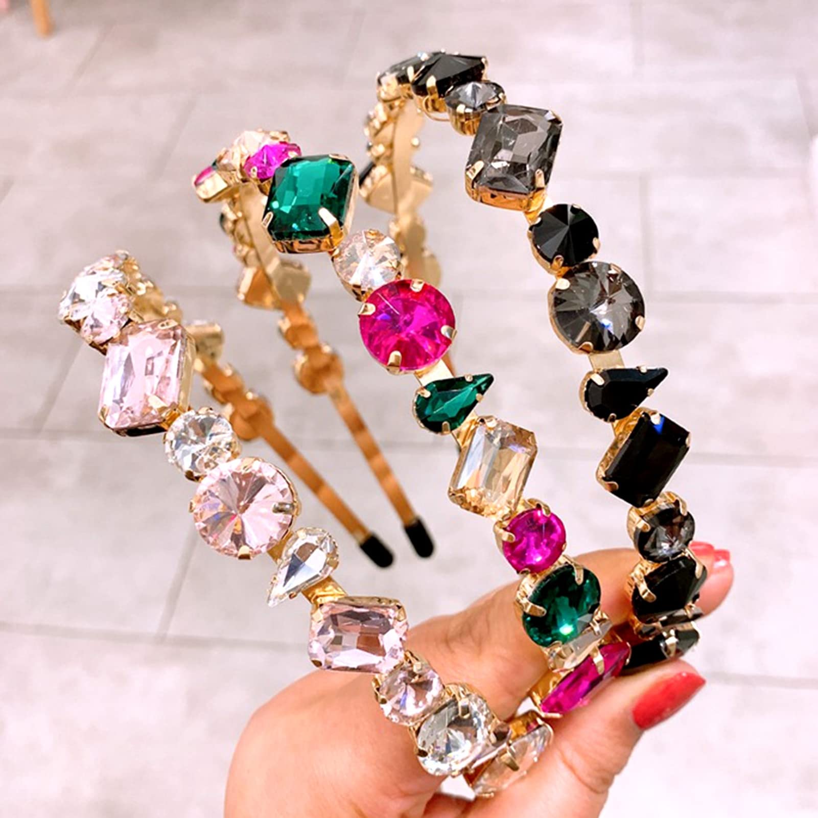 Obręcze do włosów, moda damska Multicolor Rhinestone inkrustowane obręcz do włosów nakrycia głowy akcesoria do pałąków na głowę (różowy)