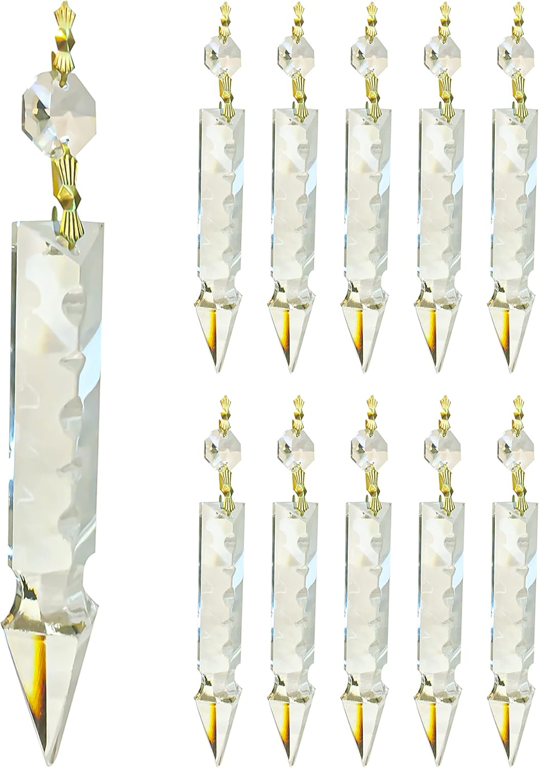 Royal Designs, Inc. Replacement Chandelier Clear Crystal Prism K9 Quality 6 Inch Arrowhead Spear Shape with Polished Brass Bow Connectors and Octagon Bead, Pack of 10