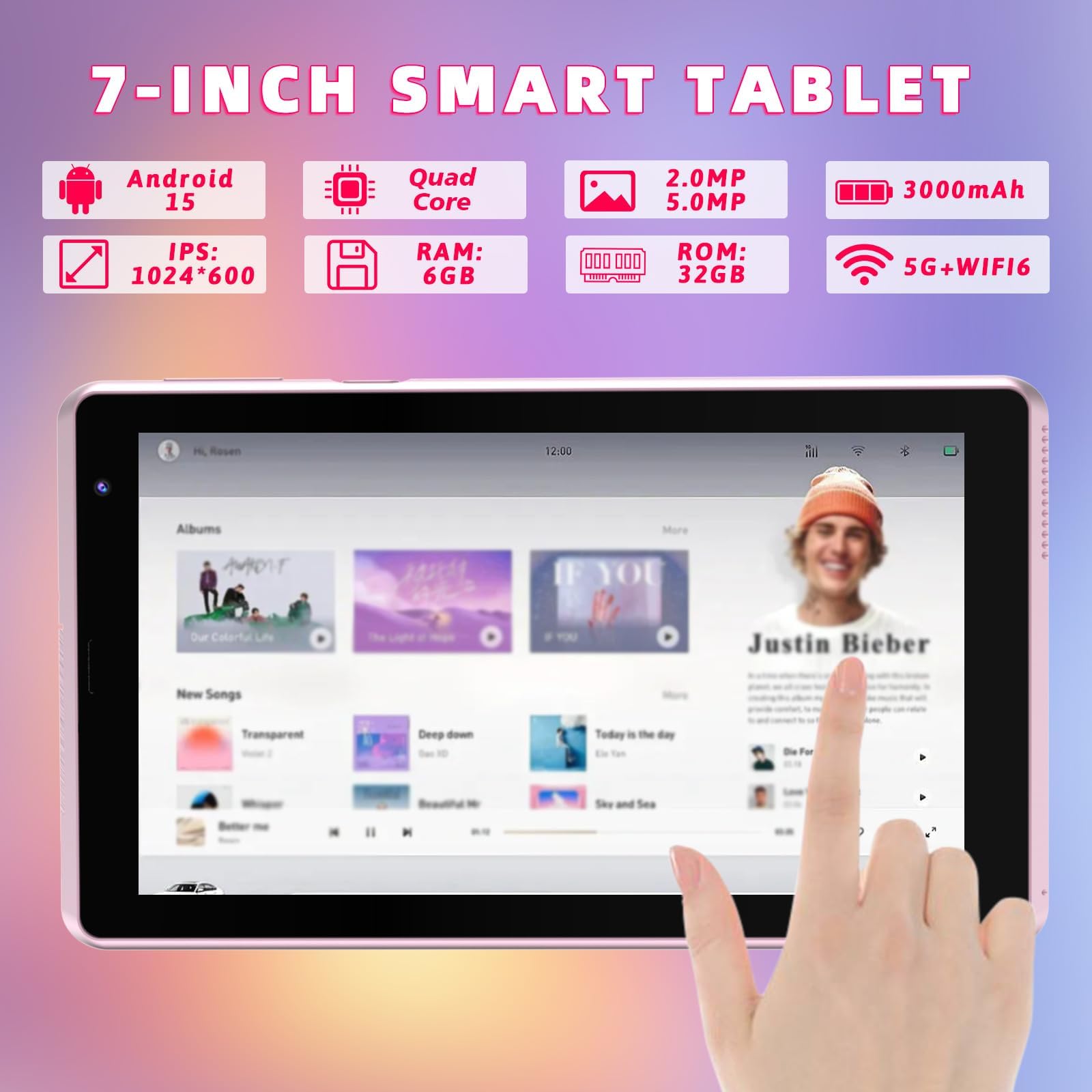 7 inch Tablet Android 15 Tablets, 6GB RAM 32GB ROM 1TB Expandable, Quad-Core Processor Tablet PC, WiFi6, 3000mAh Battery, Bluetooth, 1024 x 600 IPS Touch Screen, 2+5MP Dual Camera, GMS Certified, Pink