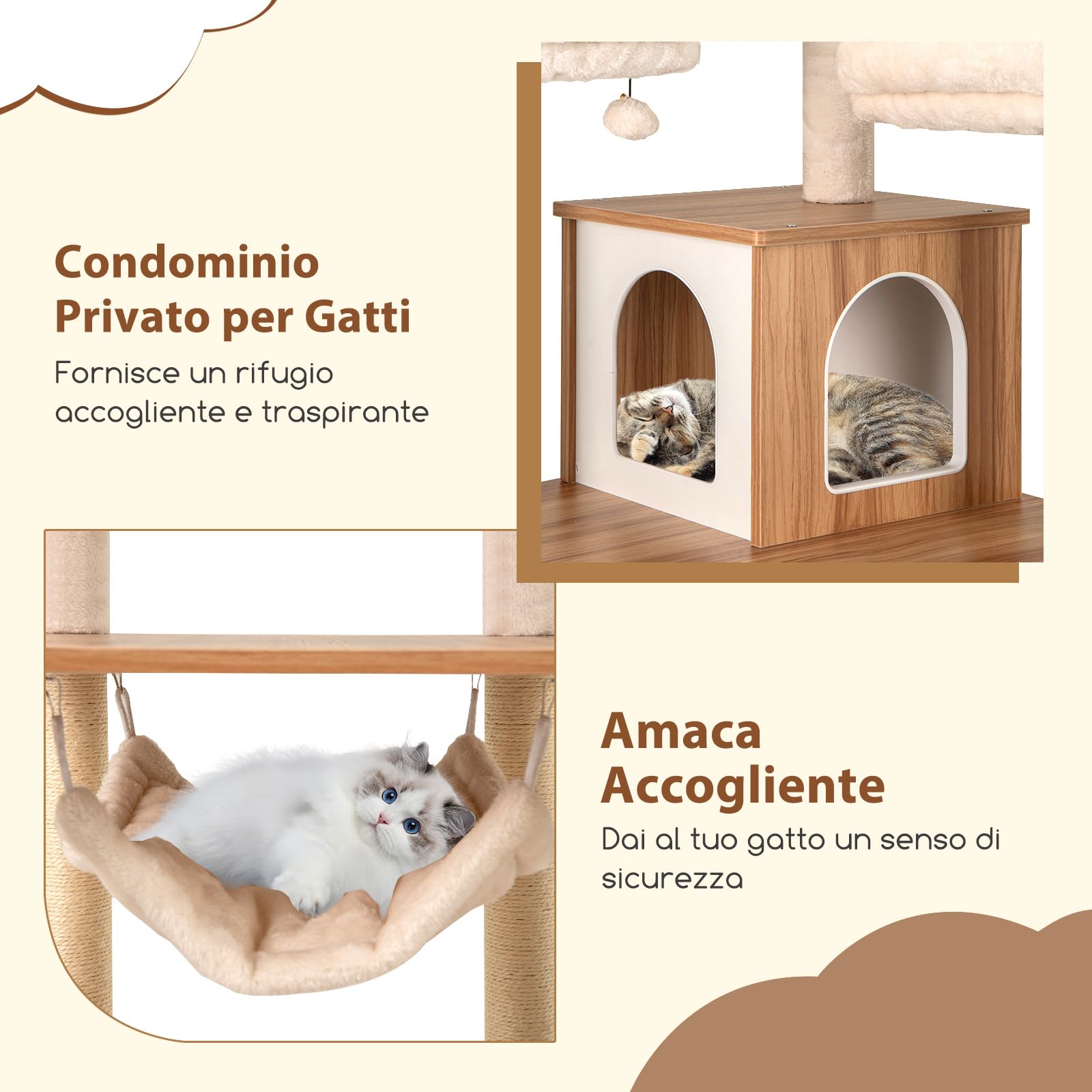 COSTWAY Albero Tiragraffi per Gatti Alta 168 cm con Amaca