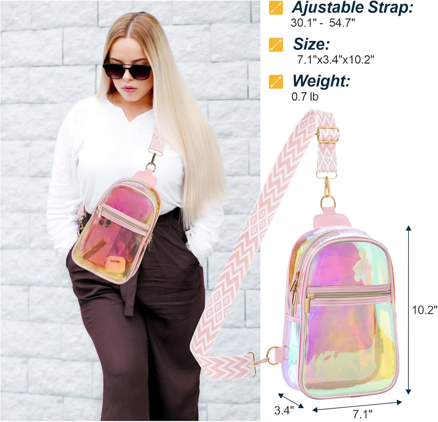 PACKISM Semi-Transparent Holographic Sling Bag for Women - Fashion Purse Iridescent Crossbody Bag for Music Festivals Raves with Jacquard Strap, Pink (Check Venue Rules Beforehand) - Image 2