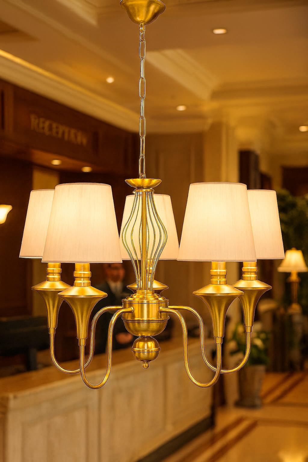 Weldecor Elegant 5-Light Chandelier/jhoomer, Brass Finish, White Fabric Shades, Chain-Mounted Ceiling Light-image-15