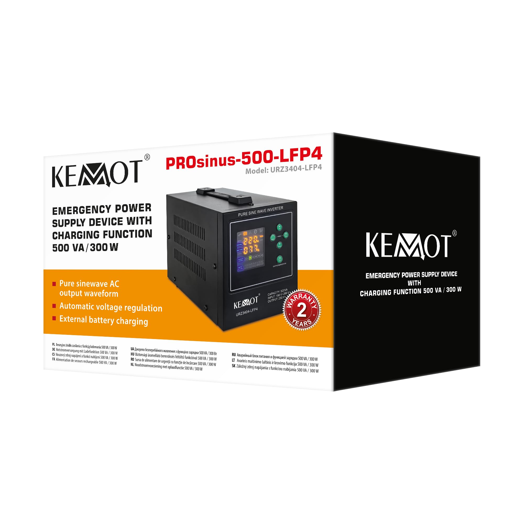 KEMOT Zasilacz Awaryjny PROsinus-500-LFP4 Przetwornica z Czystym Przebiegiem Sinusoidalnym i Funkcją Ładowania 12V 230V 500VA/300W