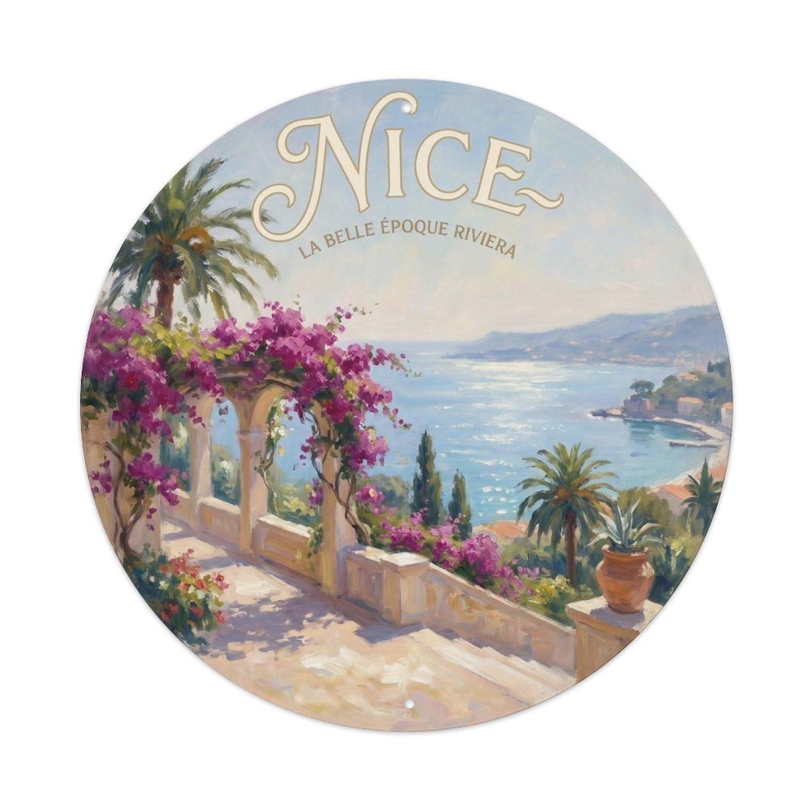 Riviera Garden Nice France Impressionist Seaside Travel Metal Tin Sign Plaque Wall Decor for Cafe, Man Cave, Club Bar, Office, Home Garden Round Metal Poster 8x8Inch