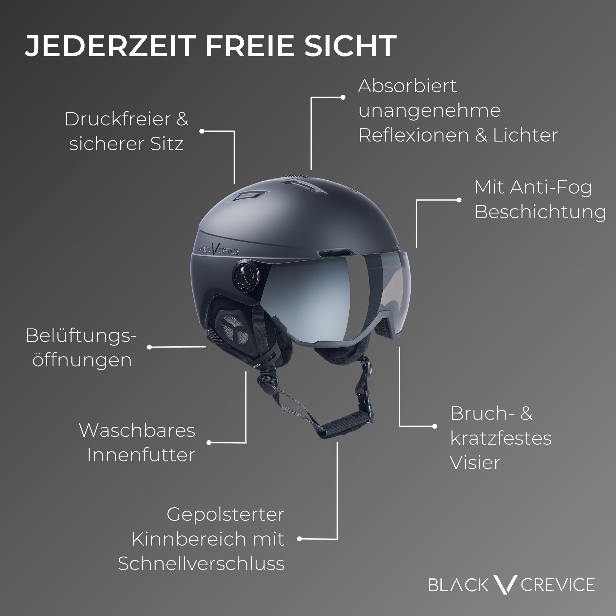 Black Crevice Skihelm Calgary I Skihelm mit Visier im Pilotenstyle I Skihelm Herren & Damen I Skihelm aus Polycarbonat I Atmungsaktiver Ski-Helm I Größenverstellbar