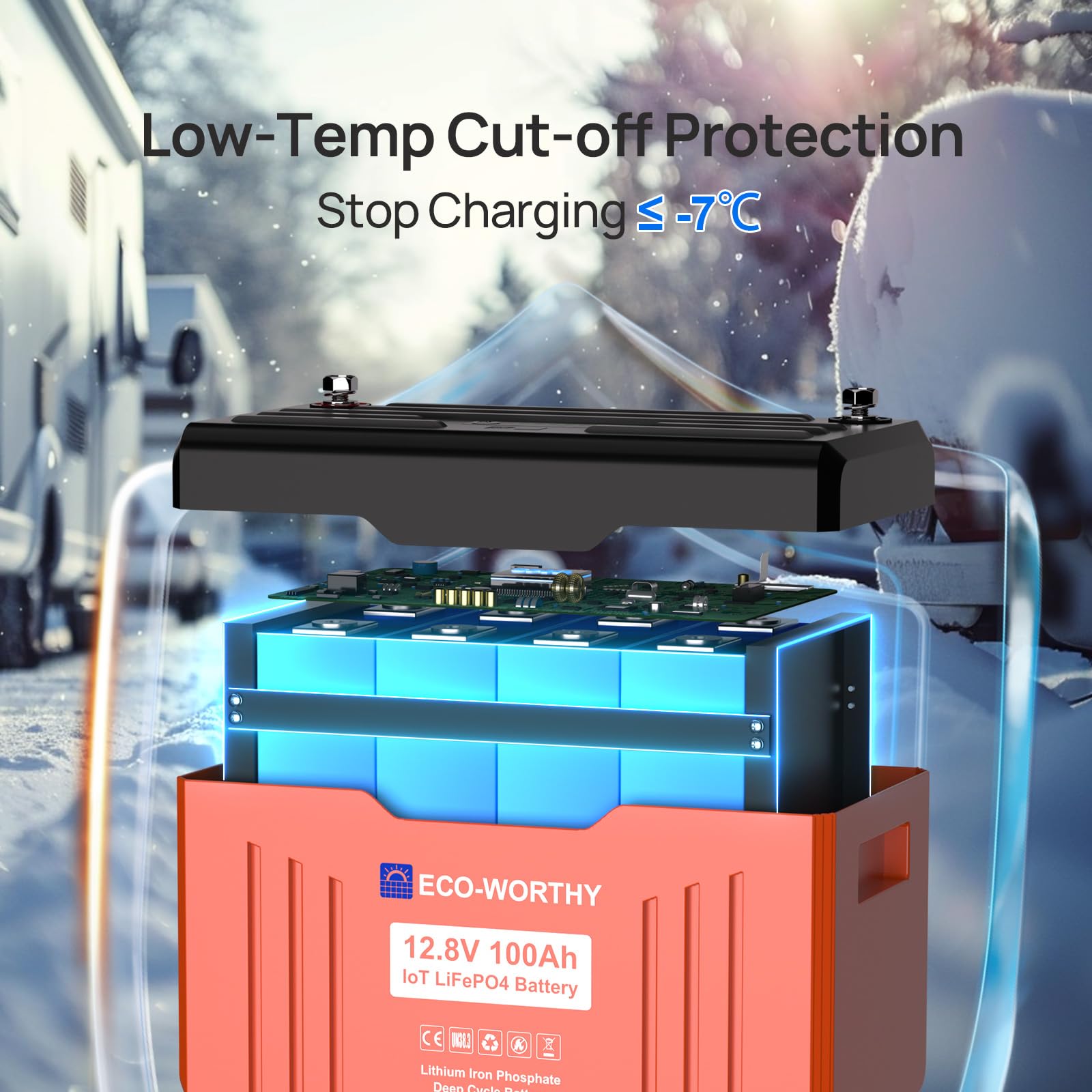 ECO-WORTHY Batterie Lithium 12V 100AH Bluetooth Batterie Lifepo4 avec Protection Basse température et 100A BMS,1280Wh Batterie pour Camping-Car, Panneau Solaire, Kit Solaire, Bateau, Moteur Trolling