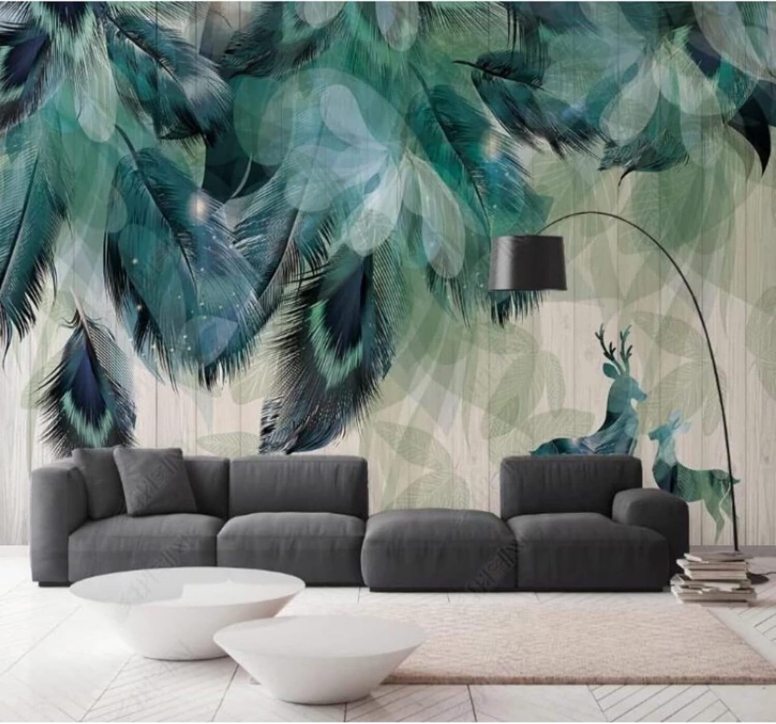 XLMING Retro Watercolour Blue Feathers Reindeer 3D Wallpaper Luxury Home Dining Decor Paste Sofa Living Room The Wall for Bedroom Mural-200cm×140cm