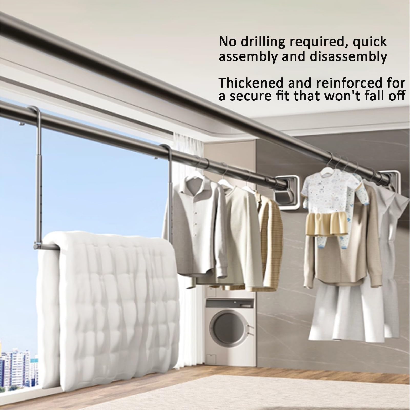 Barra de cortina de ducha para colgar en armario, 40-500cm Barra de Ducha Extensible, Barra de Cortina sin taladrar acero inoxidable para ventana Balcón baño cocina(Gris,110-200cm)