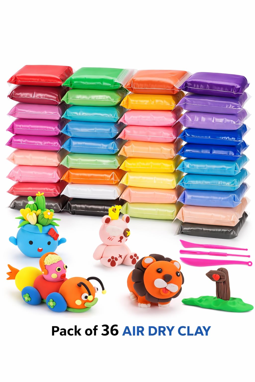 Air Dry Clay Set, Pack of 36 Multicolour Blocks with Sculpting