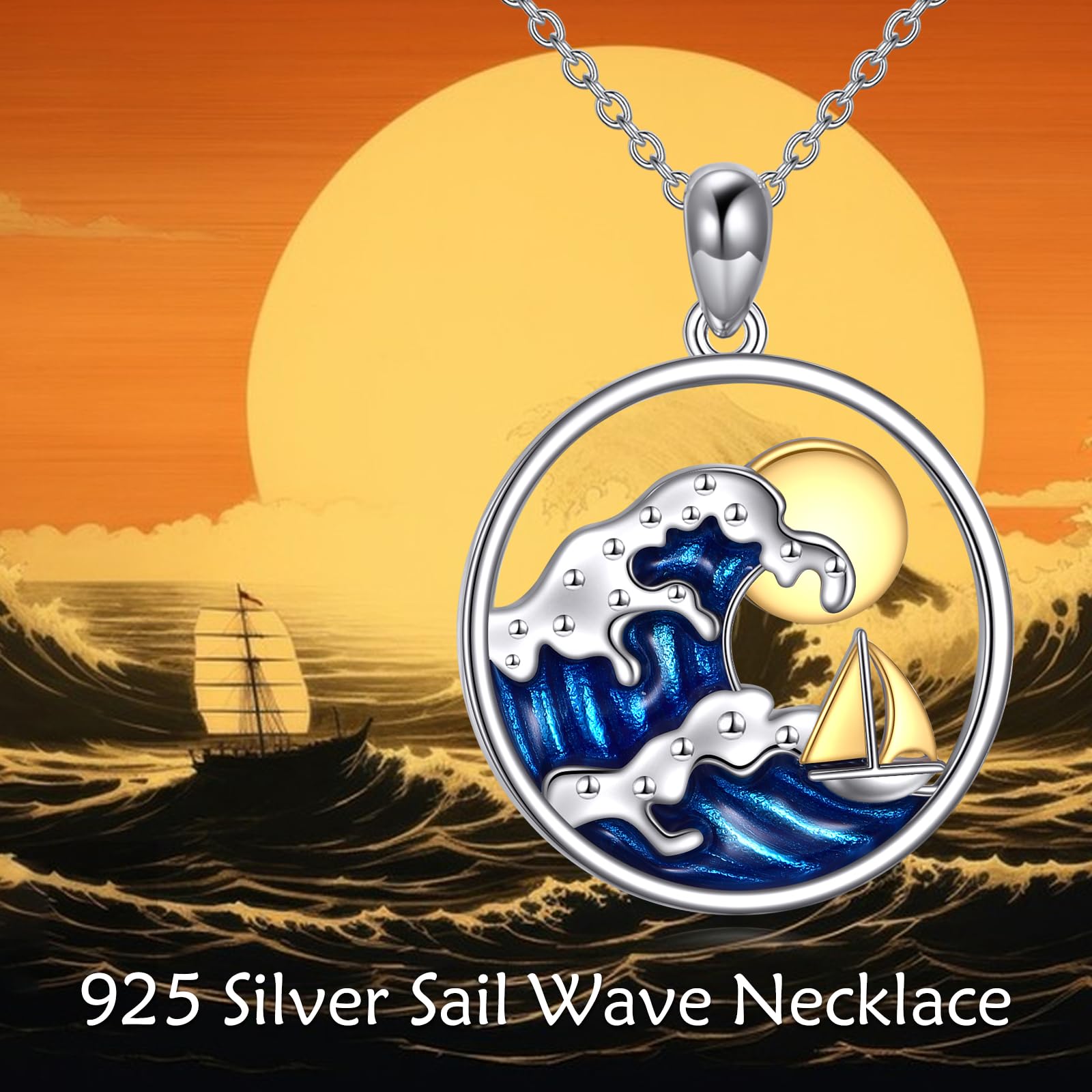 Onda collana in argento Sterling 925 blu oceano ciondolo nave gioielli regalo per uomini donne surfisti, Argento sterling, Nessuna pietra preziosa