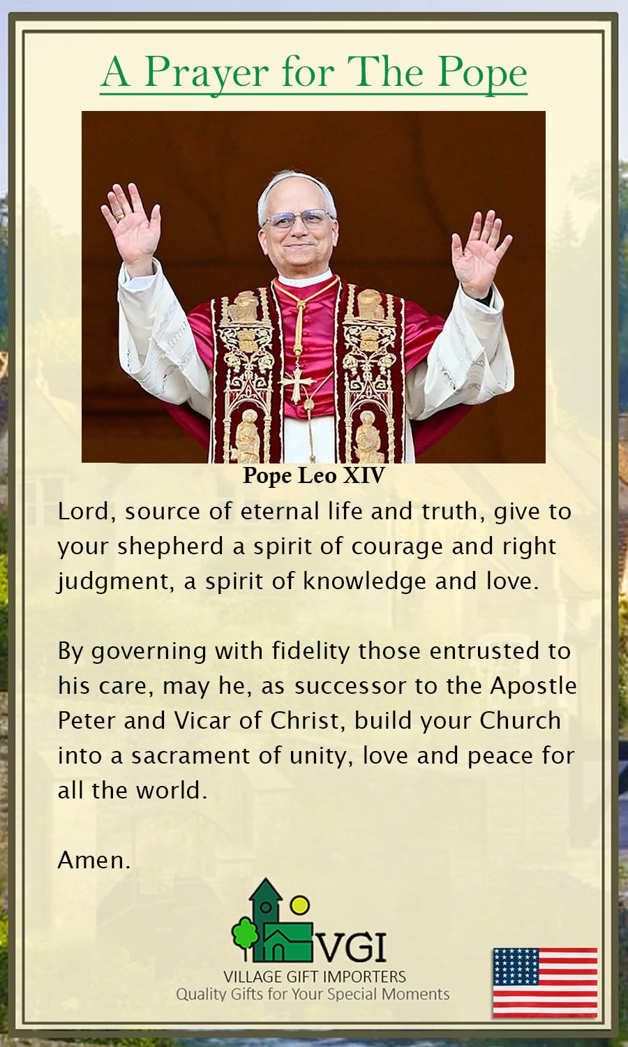 VILLAGE GIFT IMPORTERS Pope Leo XVI Prayer Card | English and Spanish Prayer with Photo of Pope Leo on the Vatican Balcony | Pray for the Pope |