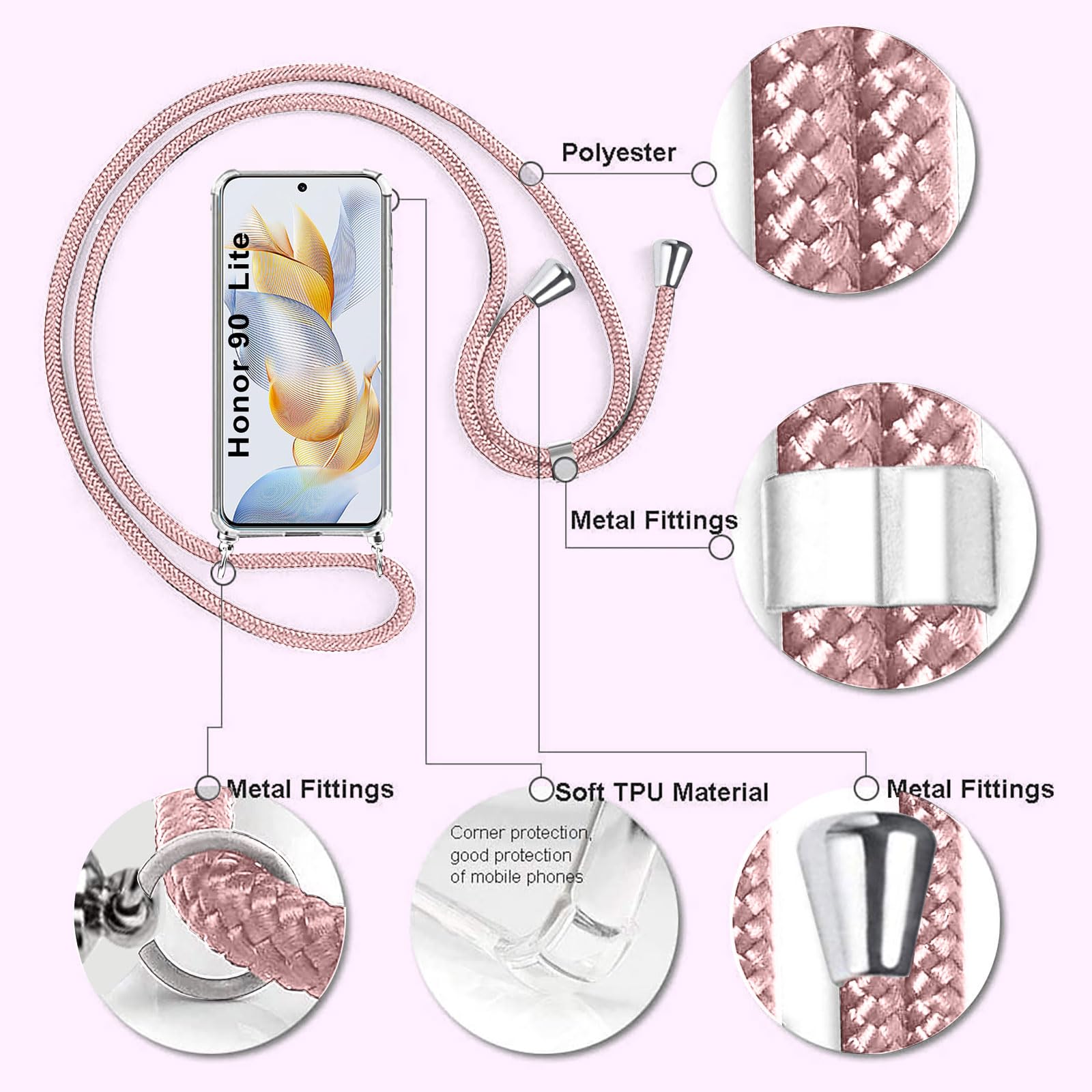 Custodia Honor 90 Lite Con Cordino - Cover Glitter Trasparente Antiurto - Foto 5