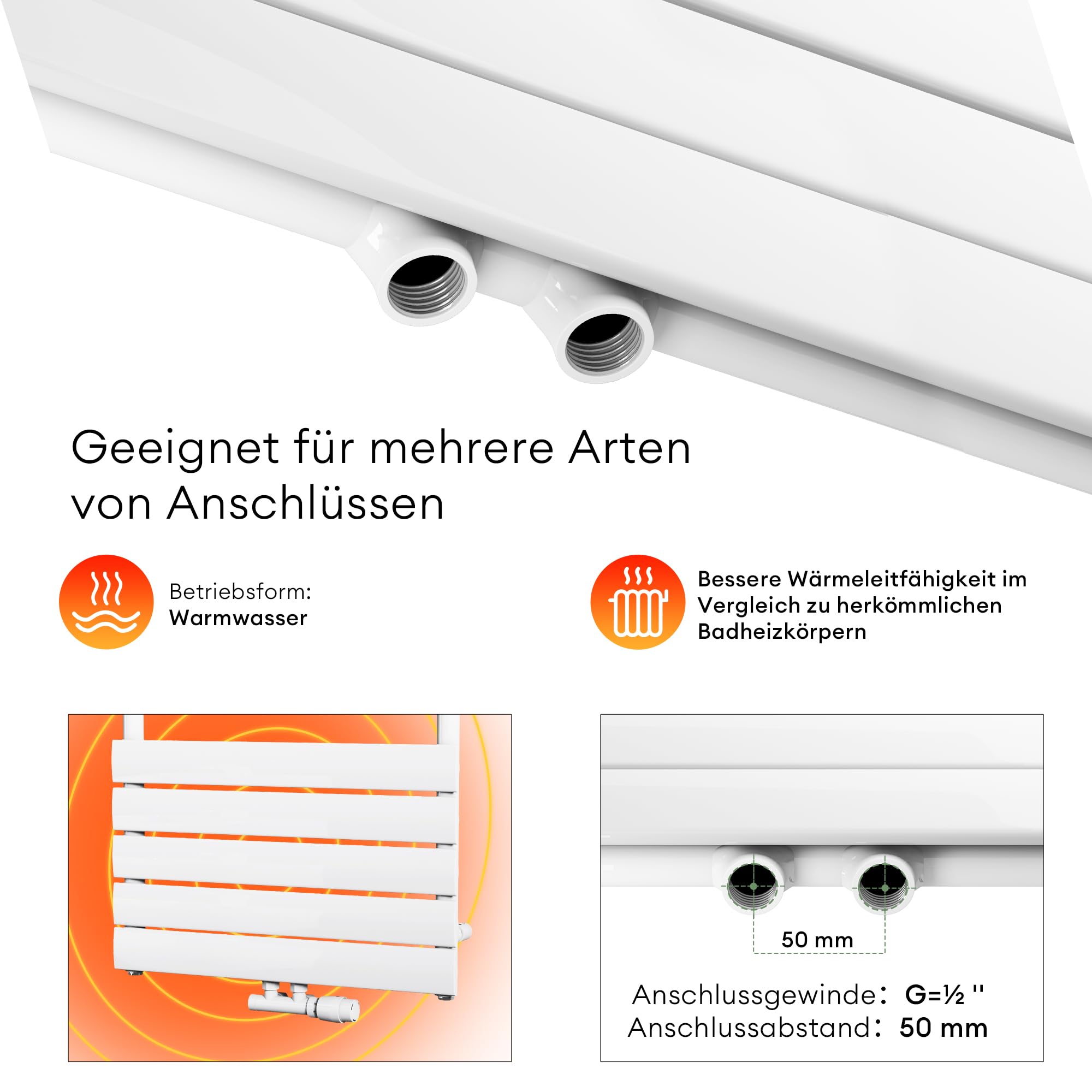 Mai & Mai Badheizkörper Handtuchheizkörper 160x60cm Weiß Seitenanschluss Mittelanschluss Paneelheizkörper Horizontal