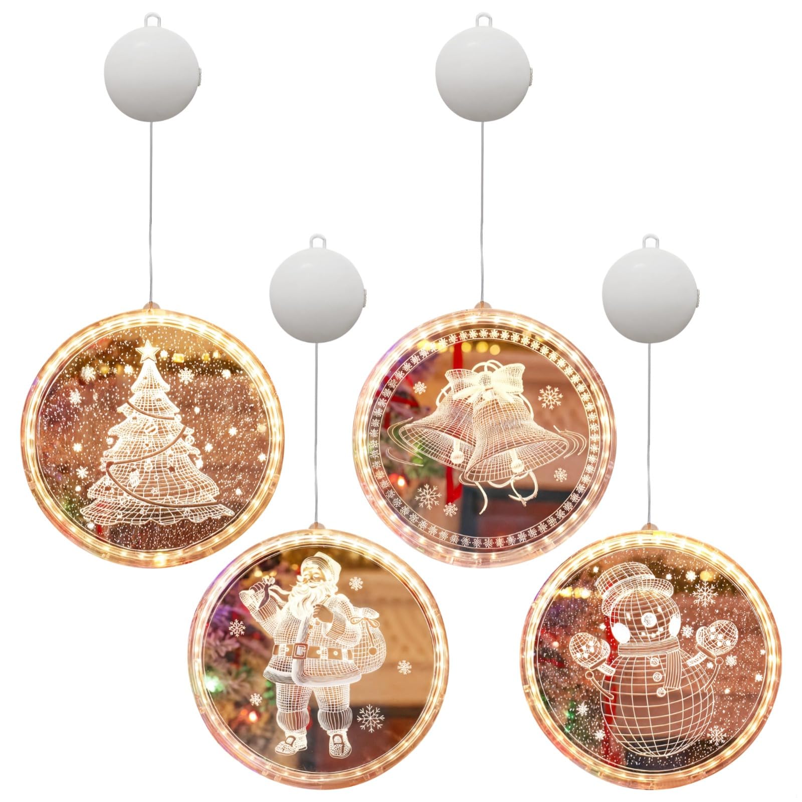 Bosreroy Christmas Window Light Ornaments, Led Suction Cup Decorations Featuring Santa, Tree, Snowman & Bell, Battery Operated Acrylic Circle Clings