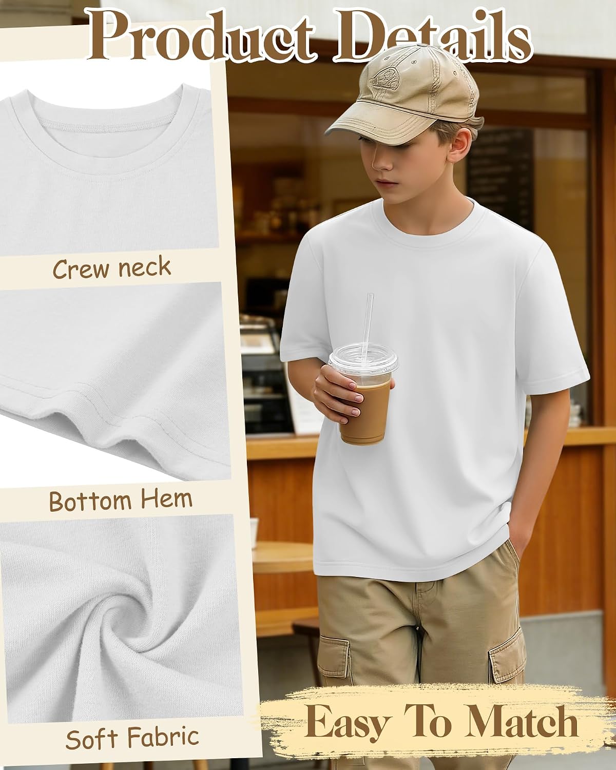 Boys Short Sleeve Shirts Kids Summer Crew Neck T-Shirt Loose Fit Solid Tops Casual Basic Tee for 5-16 Years