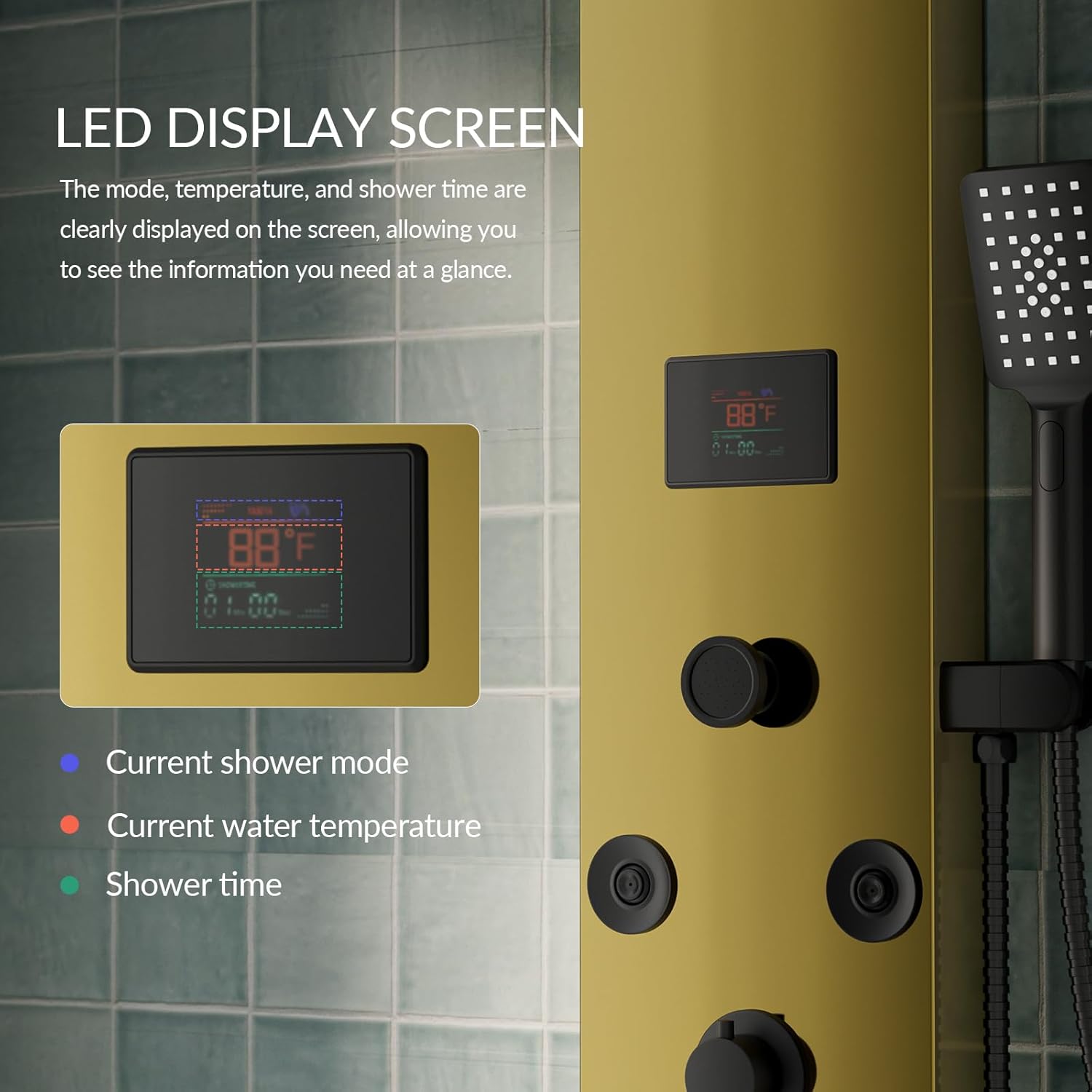 Shower Panel Tower System Stainless Steel LED Rainfall Waterfall Shower Head 5-Function Faucet Rain Massage System Wall Mount with 8 Body Jets, Handheld, and Tub Spout, Gold