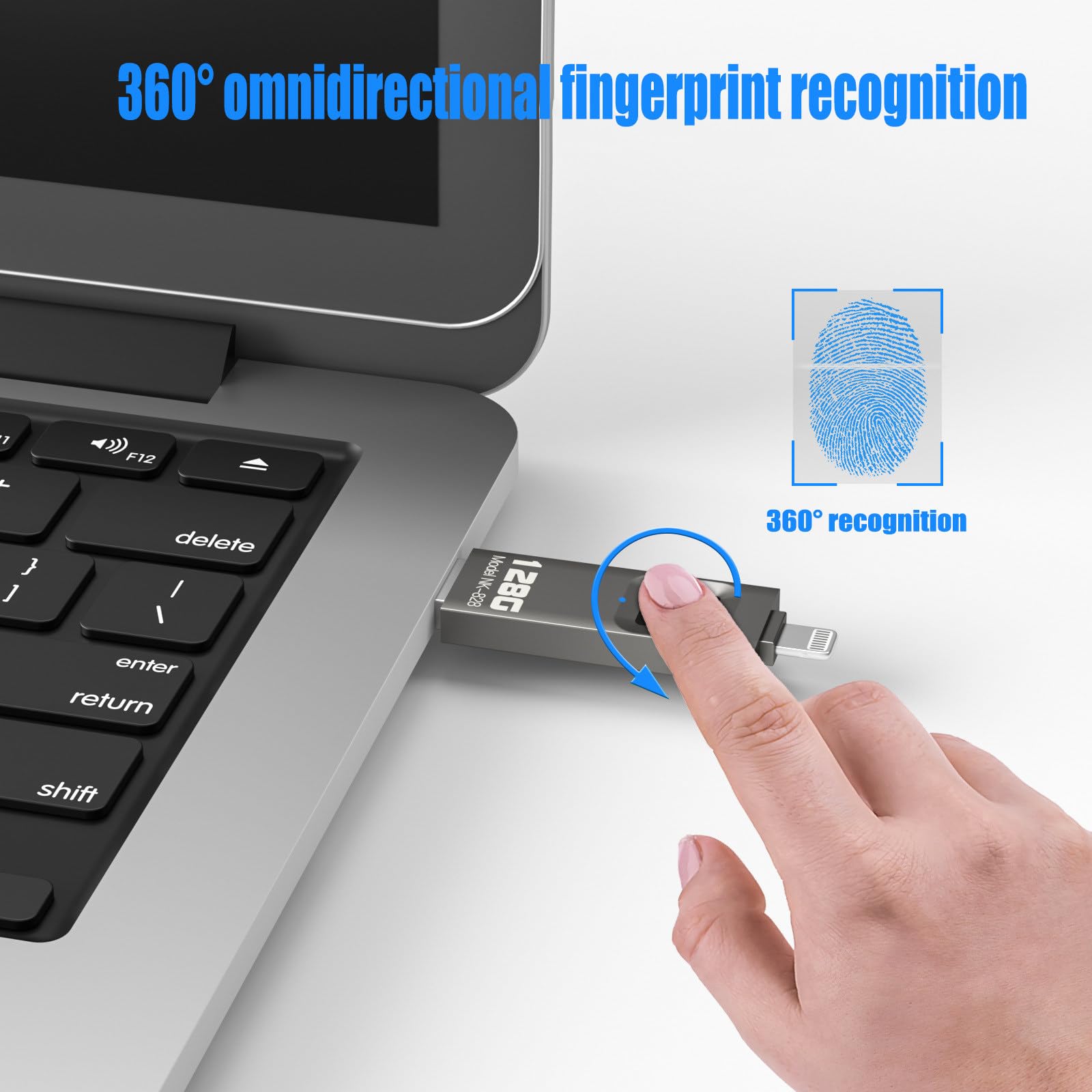 Unidad flash USB de huellas dactilares, disco U cifrado de 128 GB para dispositivos móviles, compatible con interfaz iOS y USB