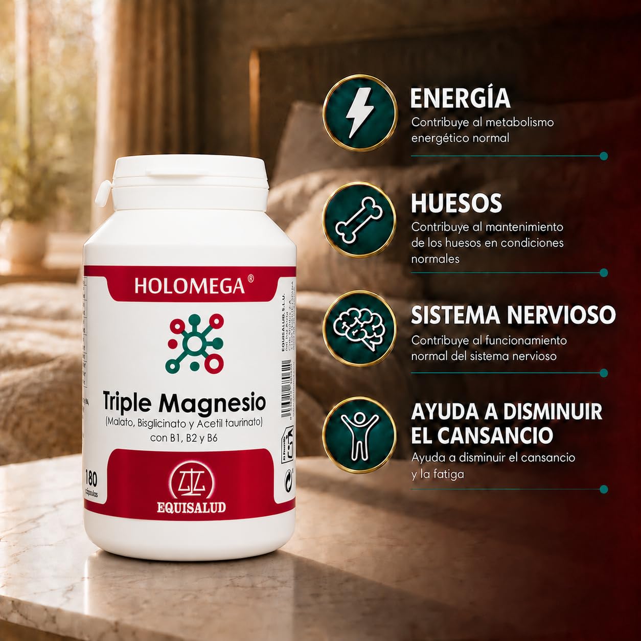 Equisalud - Holomega Triple Magnesio 180 Cápsulas - Ayuda a la Relajación Muscular y Sistema Nervioso - con Malato, Bisglicinato, ATA y Vitamina B6